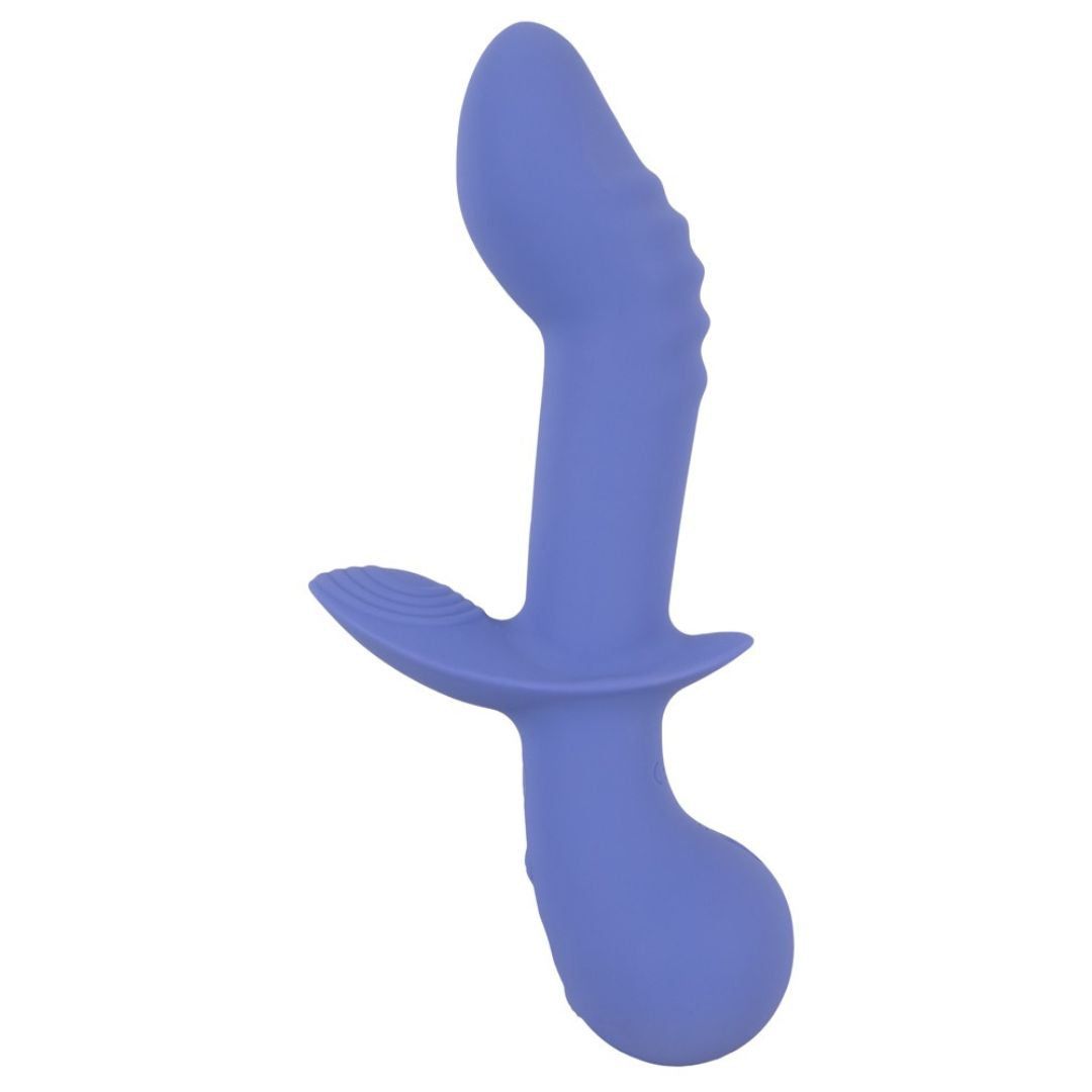 Blaues Wellness-Produkt mit gebogener Form. Es hat eine längliche Form mit einer strukturierten Oberfläche und einem flügelartigen Teil.