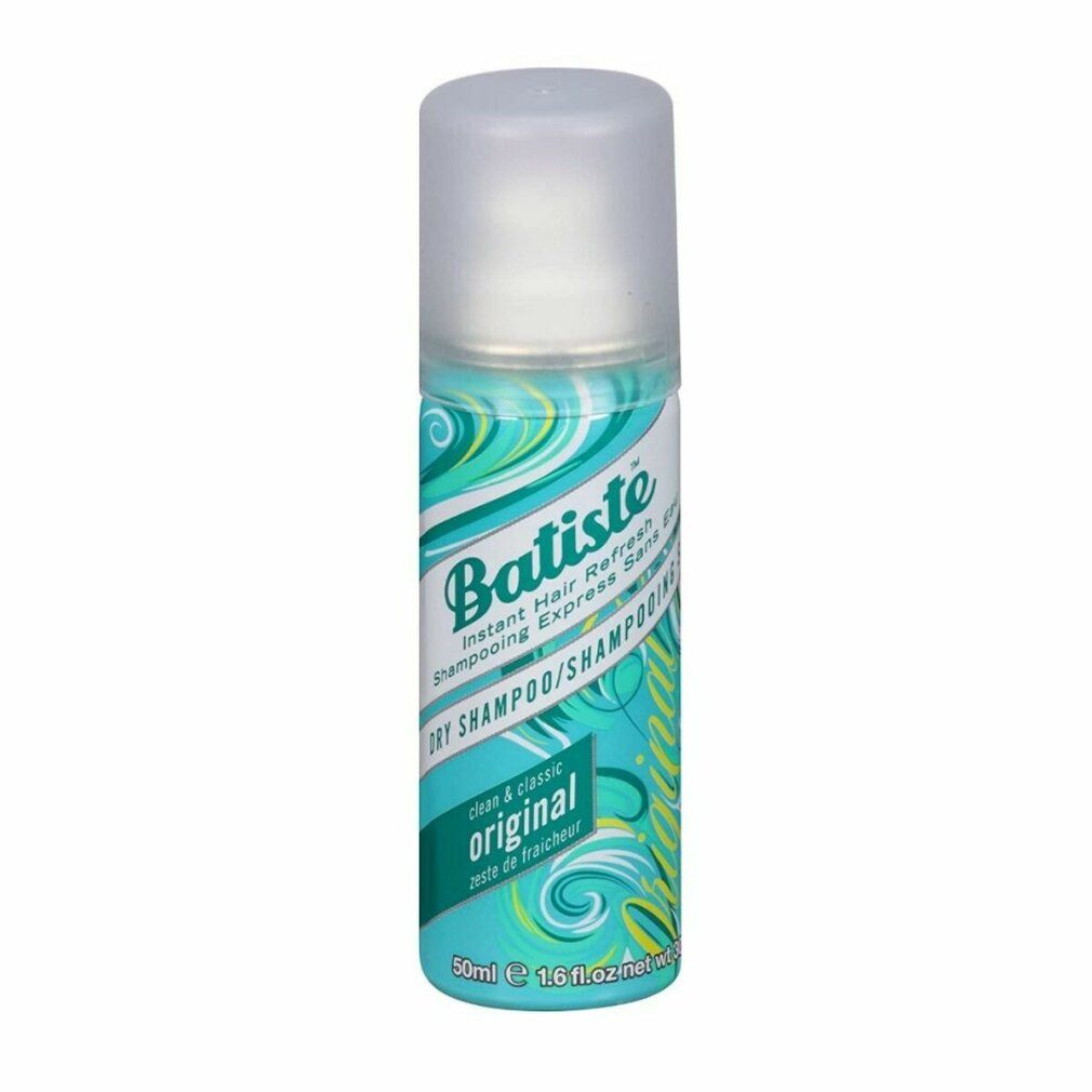 Trockenshampoo-Spraydose. Türkis-weißes Design mit Schriftzug. Deckel transparent. Produktname: Batiste Original.