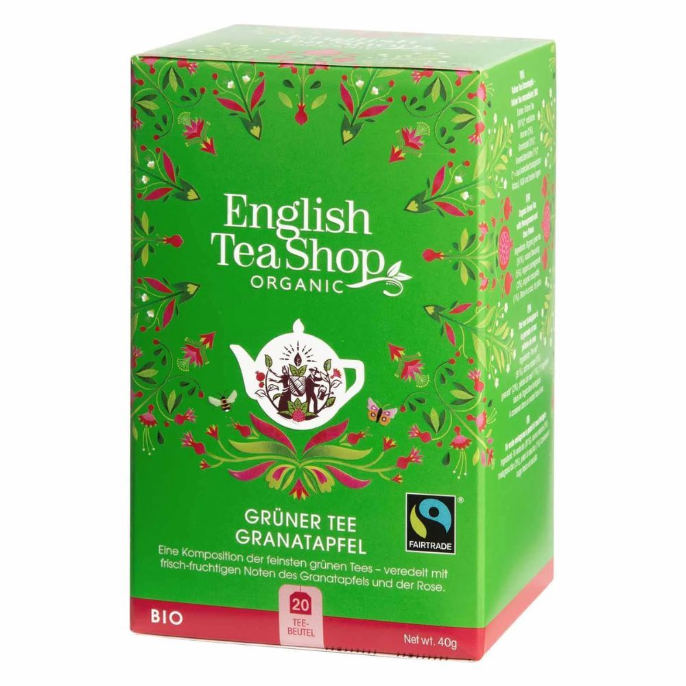 Grüne Verpackung. Aufschrift: English Tea Shop Organic. Grüner Tee Granatapfel. 20 Teebeutel. Bio. Fairtrade.