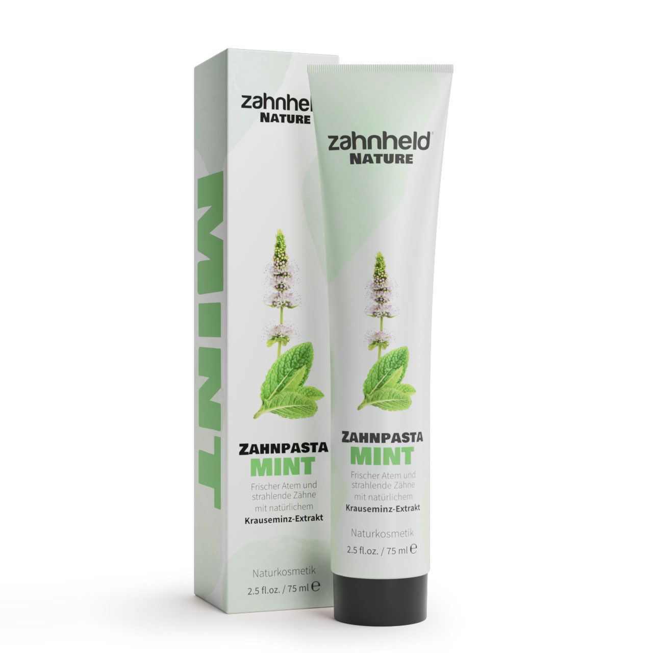 Zahncreme-Tube und Schachtel. "Zahnheld Nature" und "Mint" Schriftzug. Abbildung von Minze. Vegan.