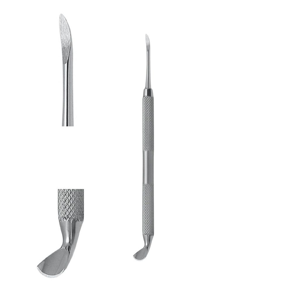 Zwei Edelstahl-Nagelhautschieber und Nagelmesser mit gerändelten Griffen und gebogenen Klingen.