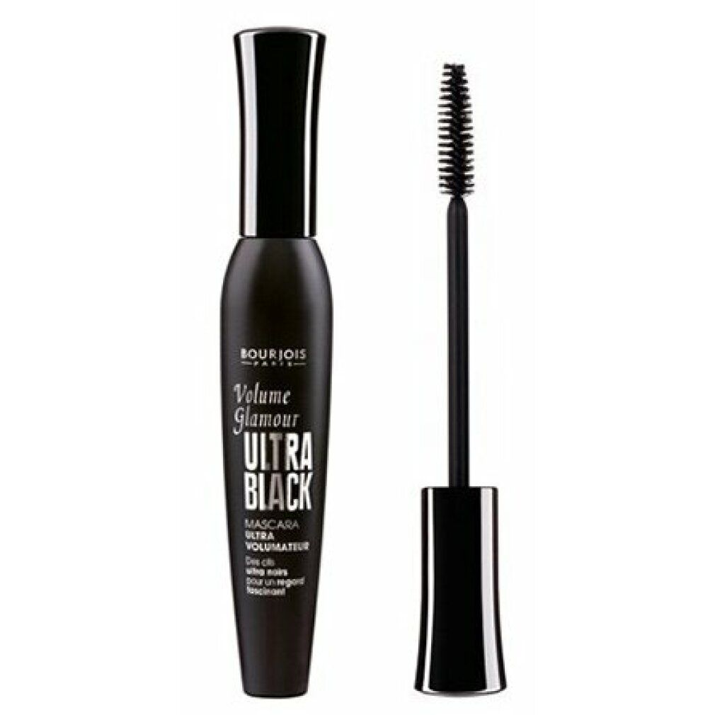 Schwarze Mascara-Tube mit Bürste. Aufschrift: Volume Glamour Ultra Black. Marke: Bourjois.