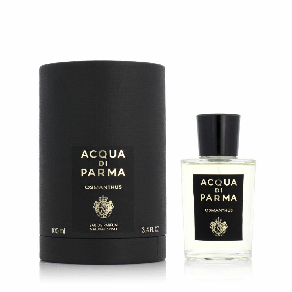Schwarze zylindrische Verpackung und Glasflasche. Aufschrift: Acqua di Parma Osmanthus. Helles Parfum.