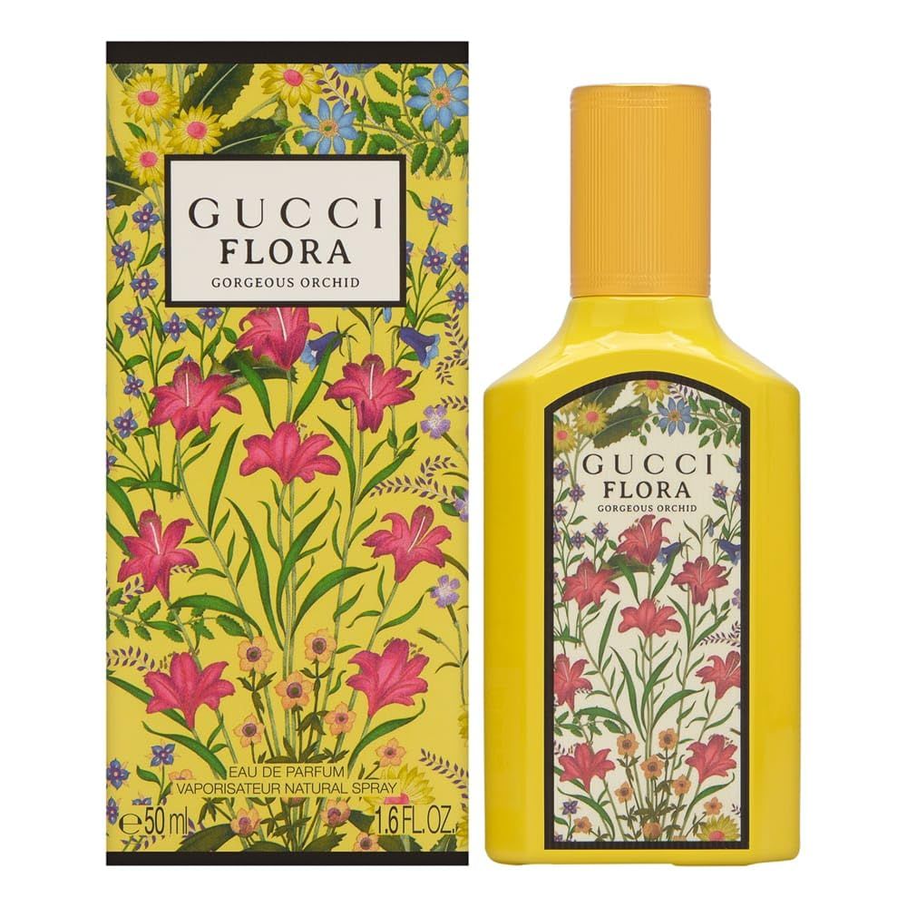 Gelbe Flasche und Verpackung mit floralem Muster. Aufschrift: GUCCI FLORA GORGEOUS ORCHID. 1.6 FL.OZ.