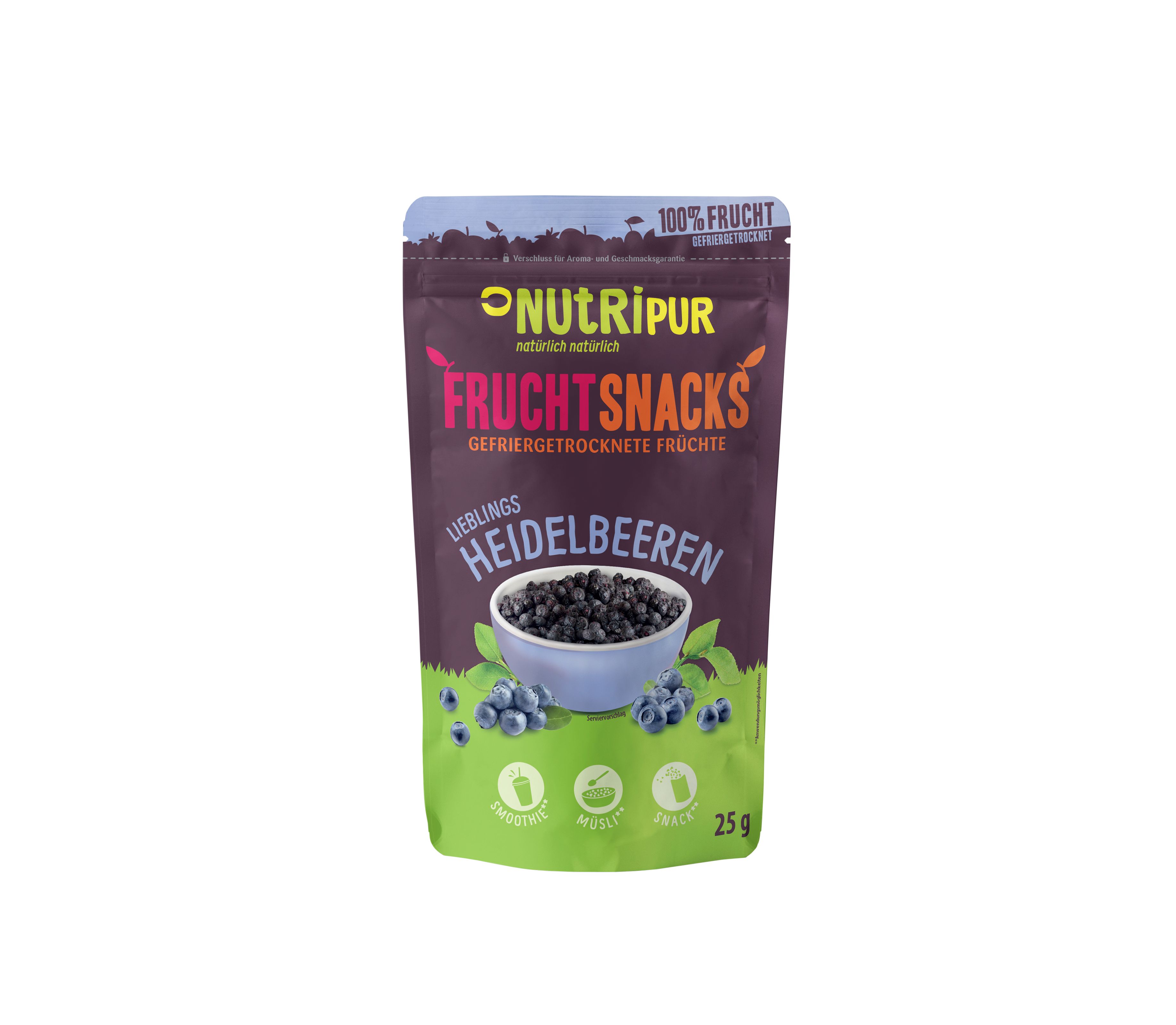 Verpackung NutriPur Frucht Snacks Heidelbeeren. Gefriergetrocknete Früchte. 25g Packung. Grün-lila Beutel mit Produktabbildung und Text.