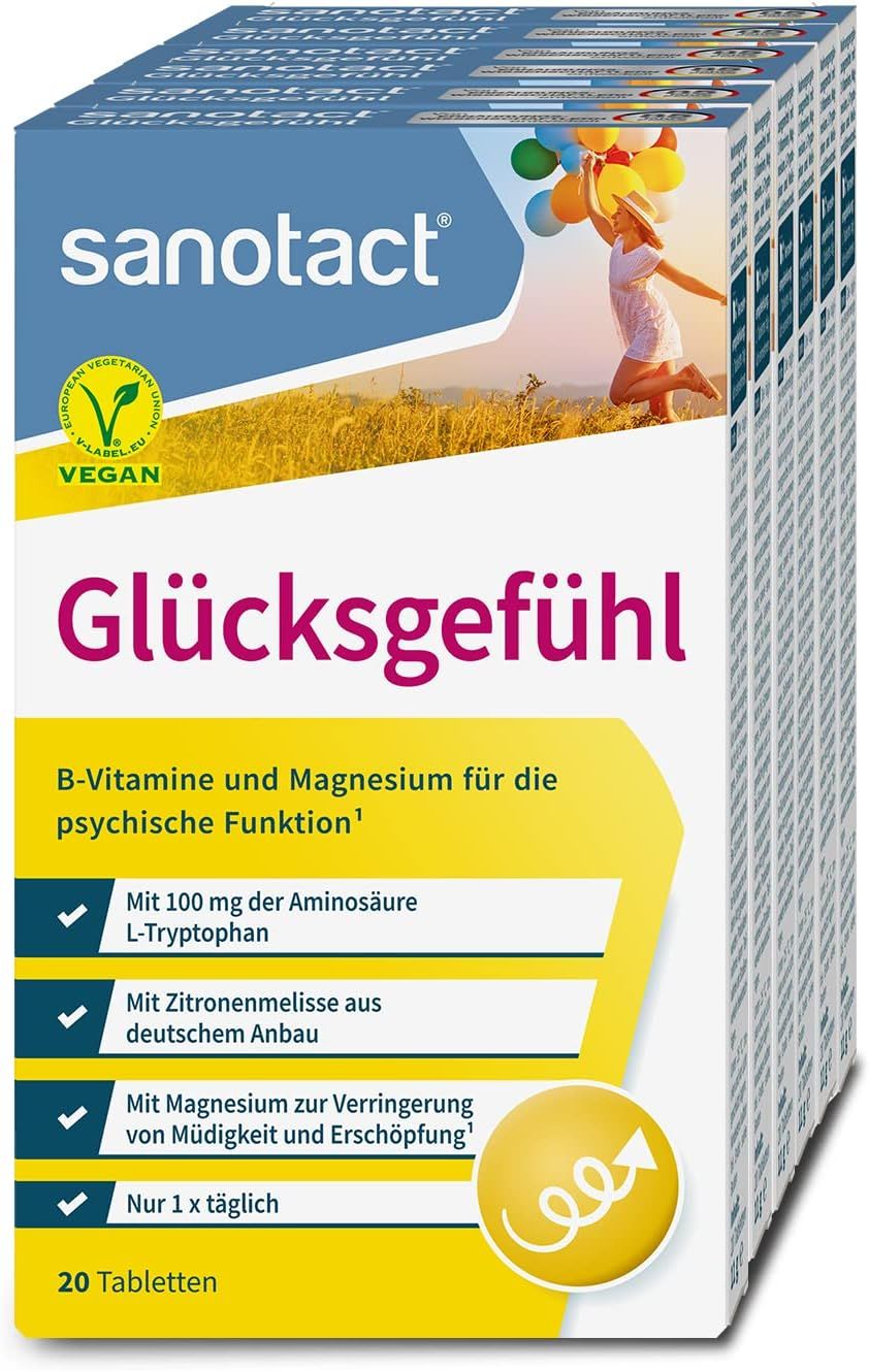 Mehrere Packungen sanotact Glücksgefühl. Aufdruck: B-Vitamine und Magnesium für psychische Funktion. Vegan-Label. 20 Tabletten.