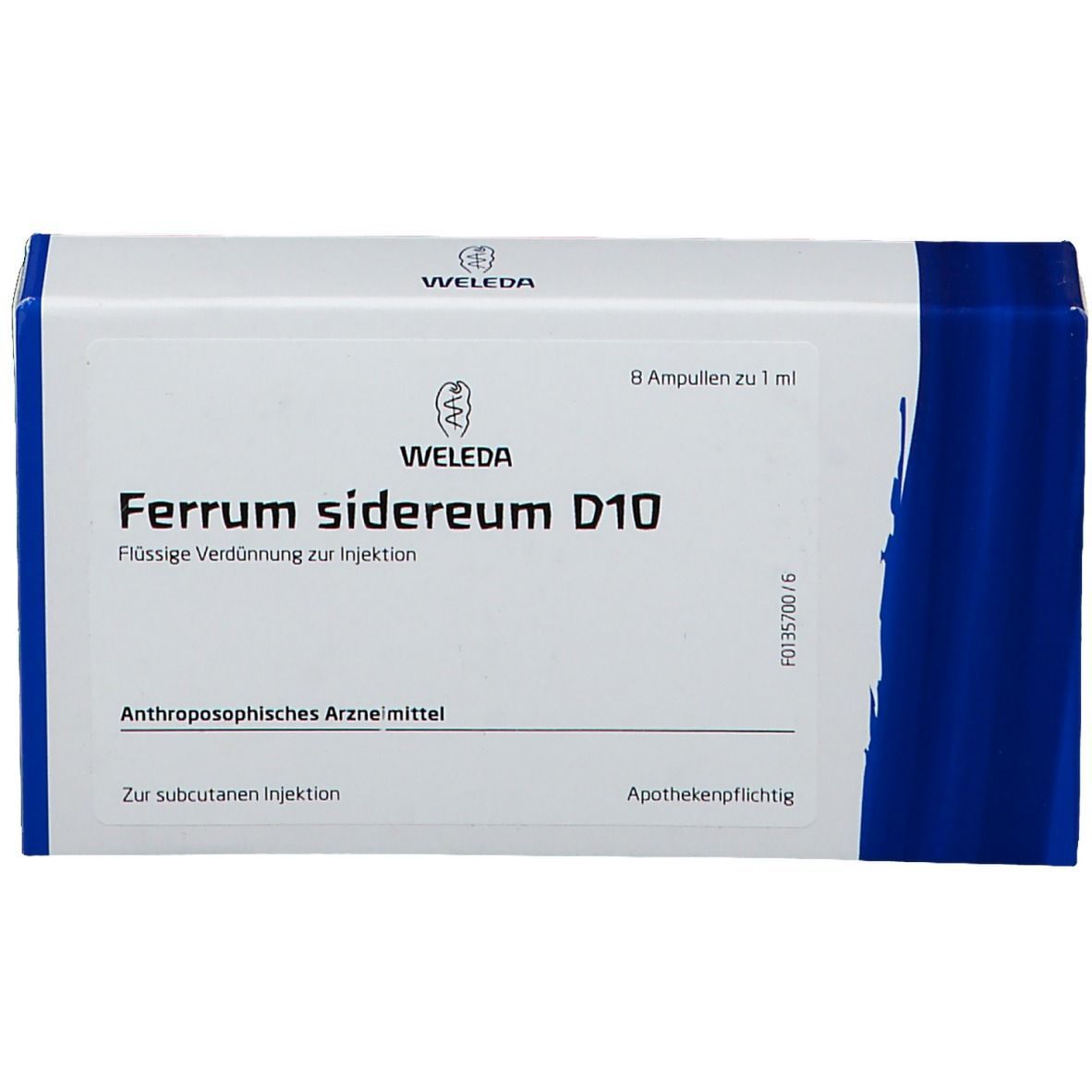 Weleda-Verpackung 'Ferrum sidereum D10'. Enthält 8 Ampullen. Blaue Akzente. Text: 'Flüssige Verdünnung zur Injektion'.