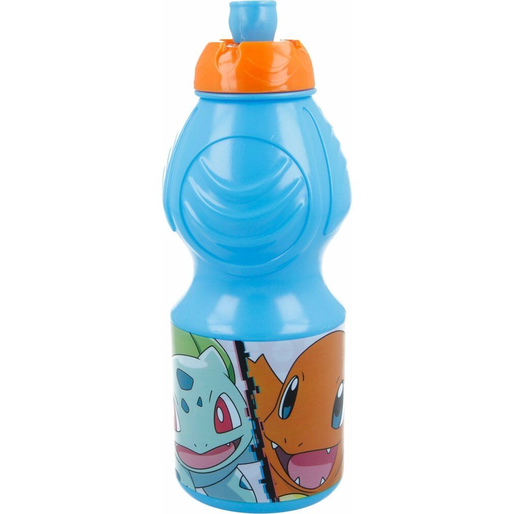 Blaue Trinkflasche mit orangefarbenem Deckel. Aufgedruckt sind Pokémon-Charaktere: Bisasam und Glumanda.