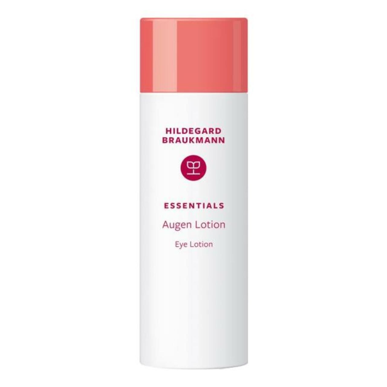 Weiße Flasche mit rosa Deckel. Aufschrift: Hildegard Braukmann, Essentials Augen Lotion, Eye Lotion.
