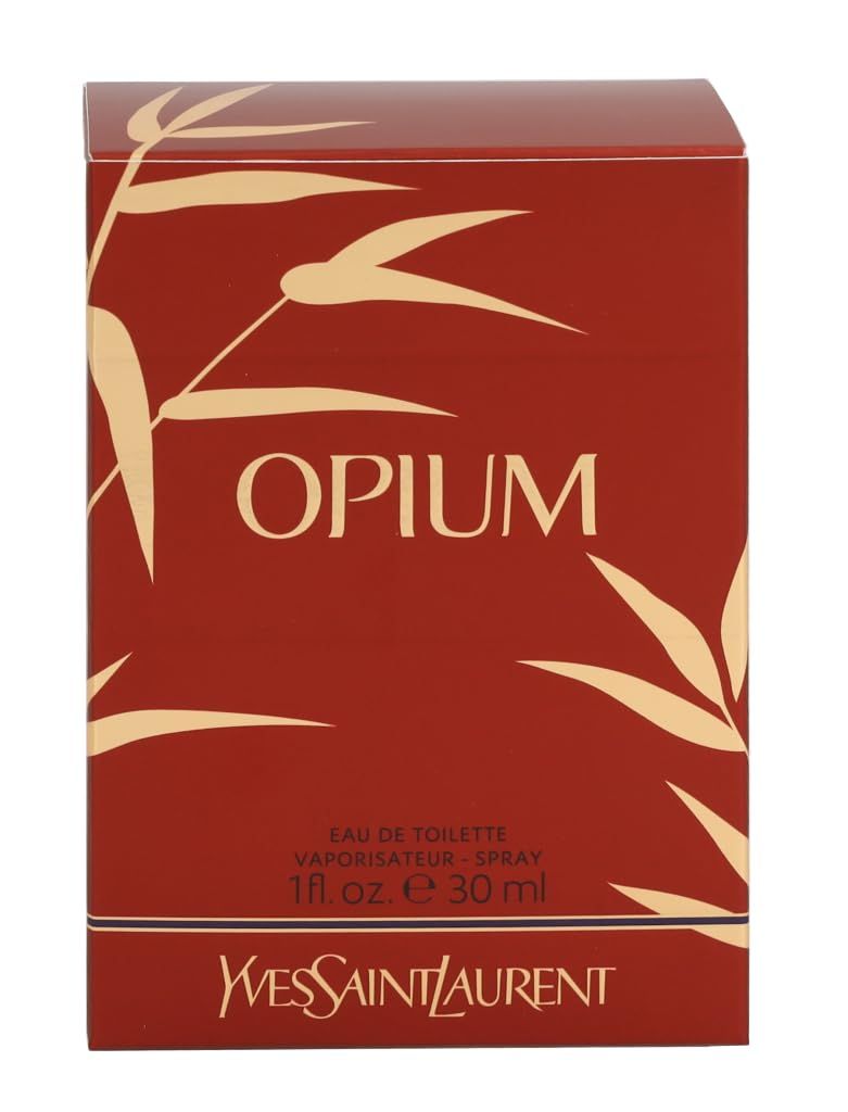 Rote Verpackung mit goldfarbenem Bambusmuster und Aufschrift "Opium". Text: Eau de Toilette, Yves Saint Laurent.