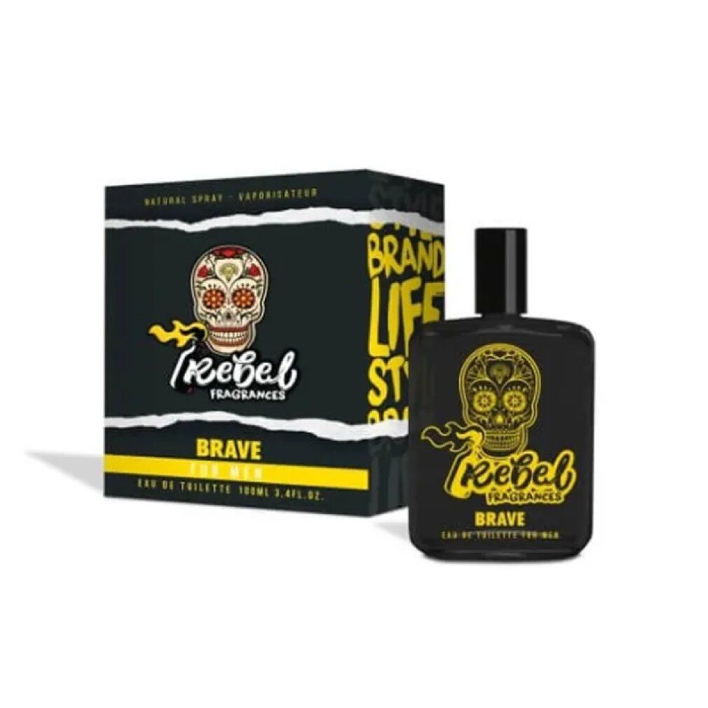 Schwarzer Flakon und Schachtel. Aufdruck: Totenkopf, "Rebel Fragrances", "Brave". Gelbe Akzente.