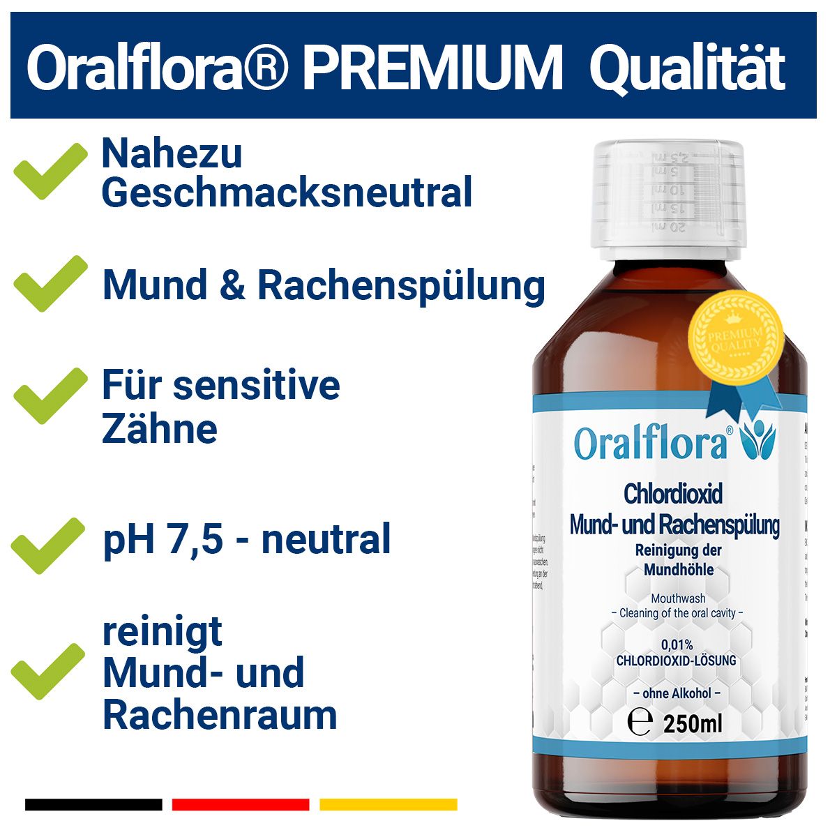 Braune Flasche mit weißem Etikett. Aufschrift: Oralflora Chlordioxid Mund- und Rachenspülung. 250ml. Premium Qualität.