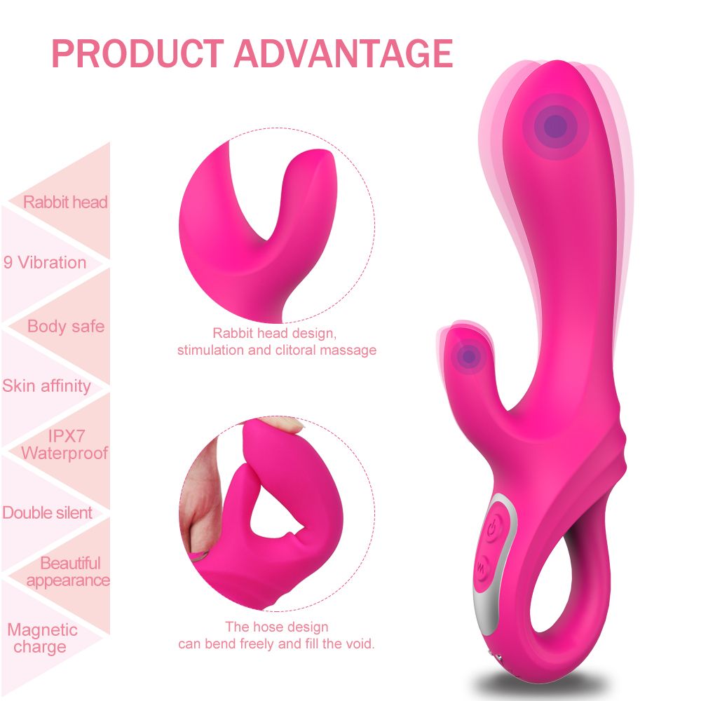 Infografik mit rosa Vibrator. Text: Rabbit head design, 9 Vibration, Body safe, Skin affinity, IPX7 Waterproof, Double silent, Beautiful appearance, Magnetic charge.