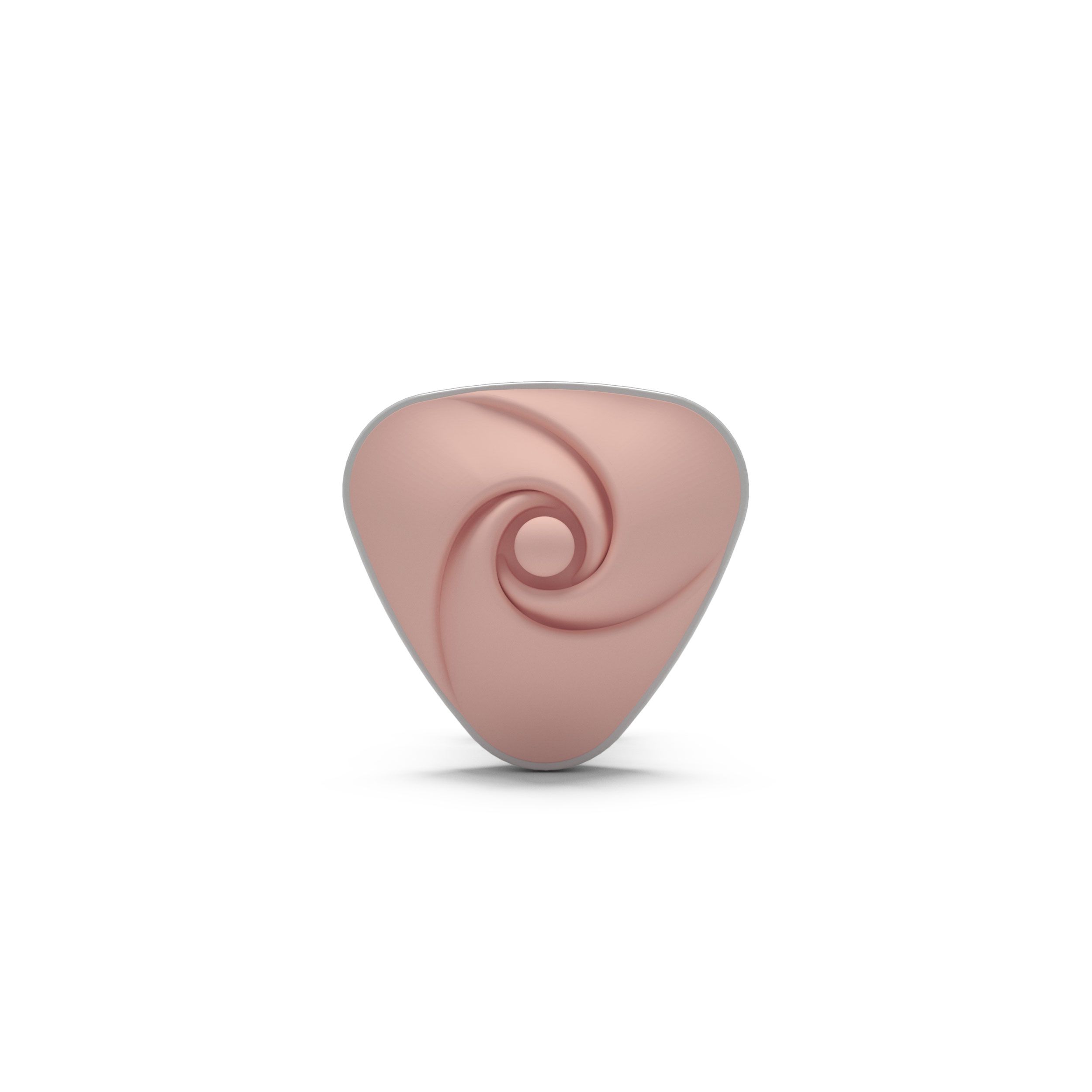 Dreieckiges Objekt in Rosa mit einer spiralförmigen Vertiefung.