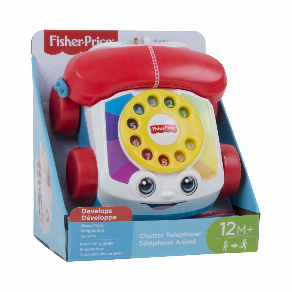 Verpackung eines Spielzeug-Telefons. Das Telefon hat rote Räder, einen roten Hörer und eine gelbe Wählscheibe. Das Logo Fisher-Price ist sichtbar.