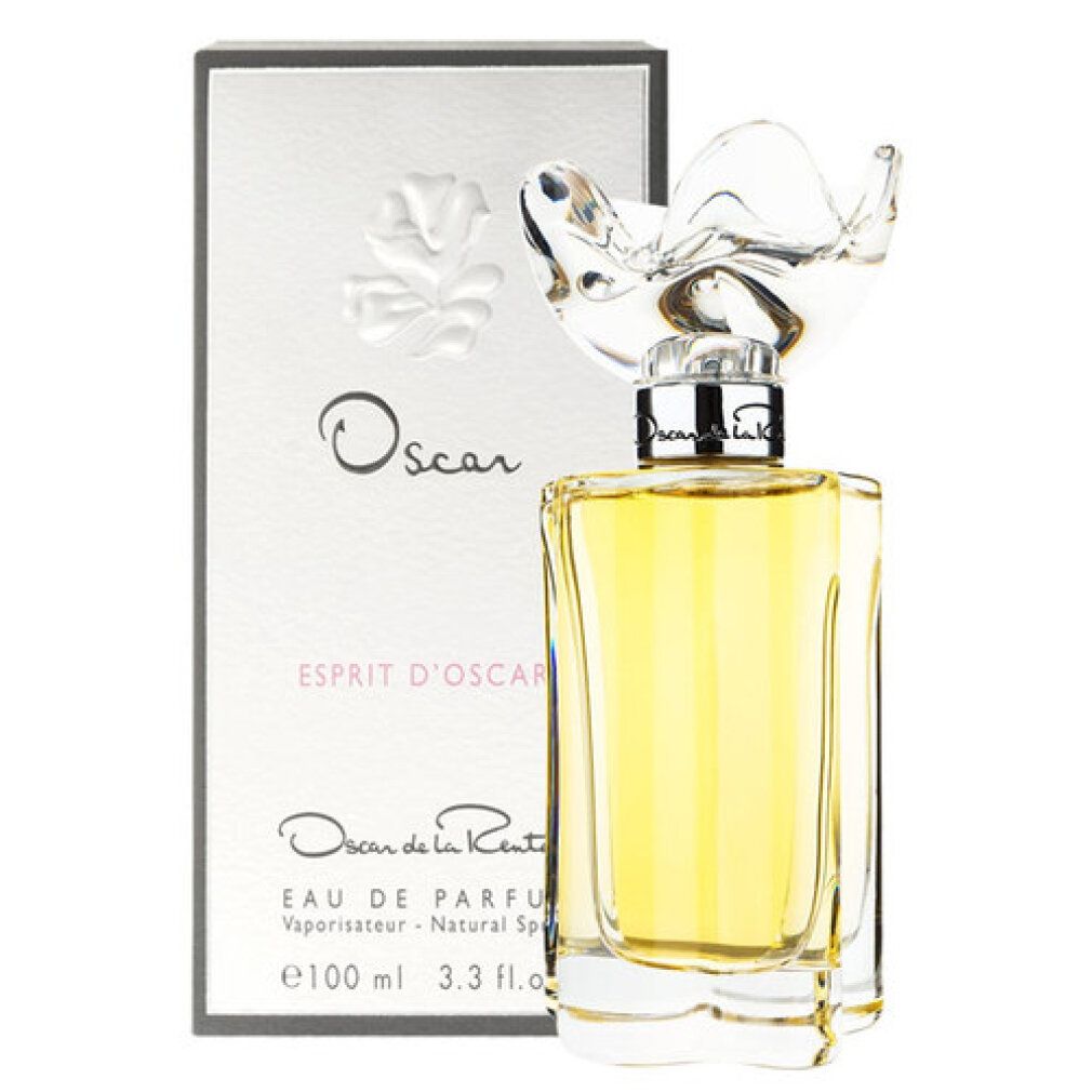 Parfümflasche und Schachtel. Flasche mit blütenförmigem Verschluss. Aufschrift: Oscar, Esprit d'Oscar, Eau de Parfum.