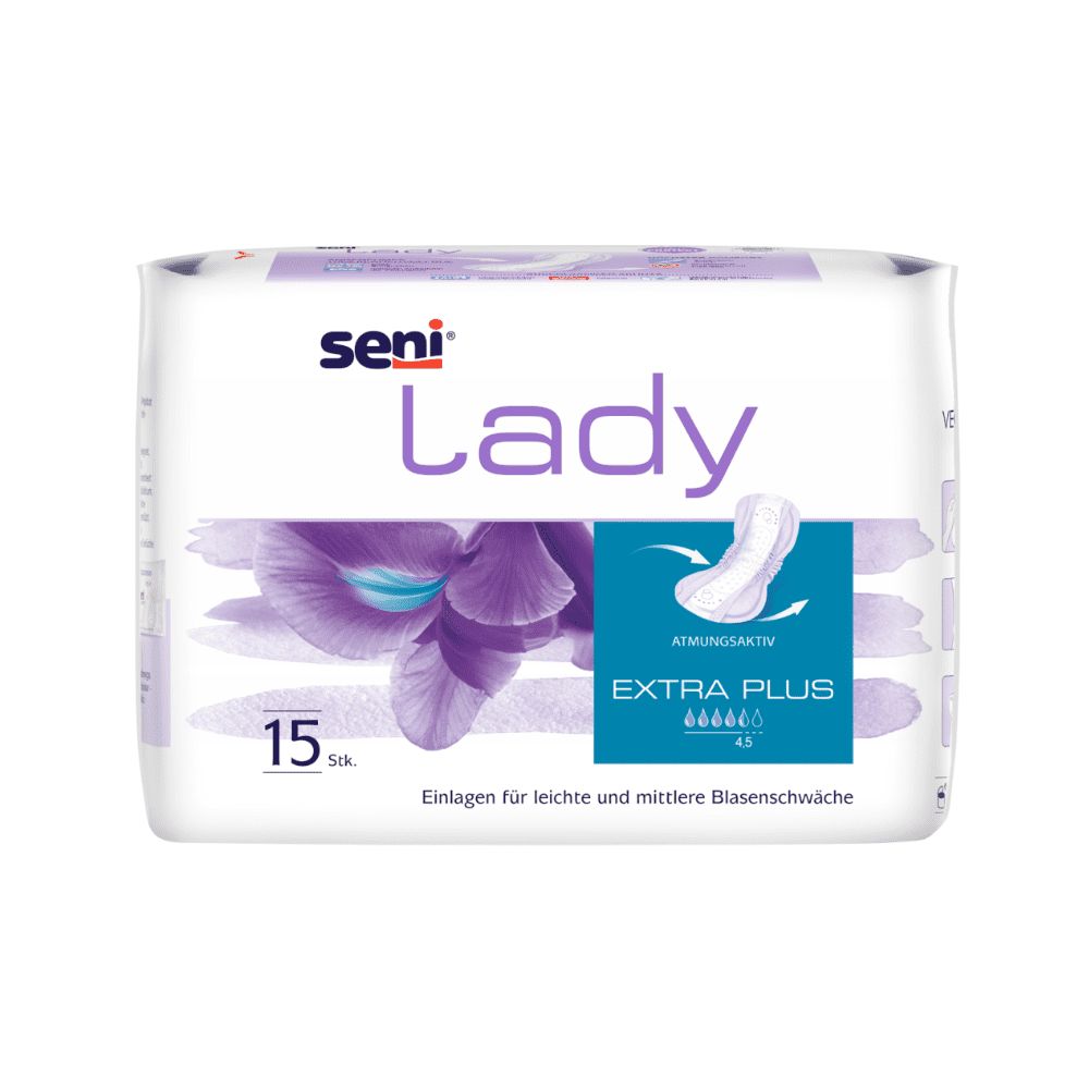 Verpackung Seni Lady Extra Plus Einlagen. Weiß, mit lila Blütenmuster und Produktinformationen. 15 Stück. Extra Plus, atmungsaktiv.