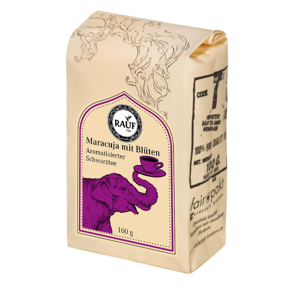 Verpackung von Rauf Tee. Maracuja mit Blüten, aromatisierter Schwarztee. 100g. Lila Elefant.