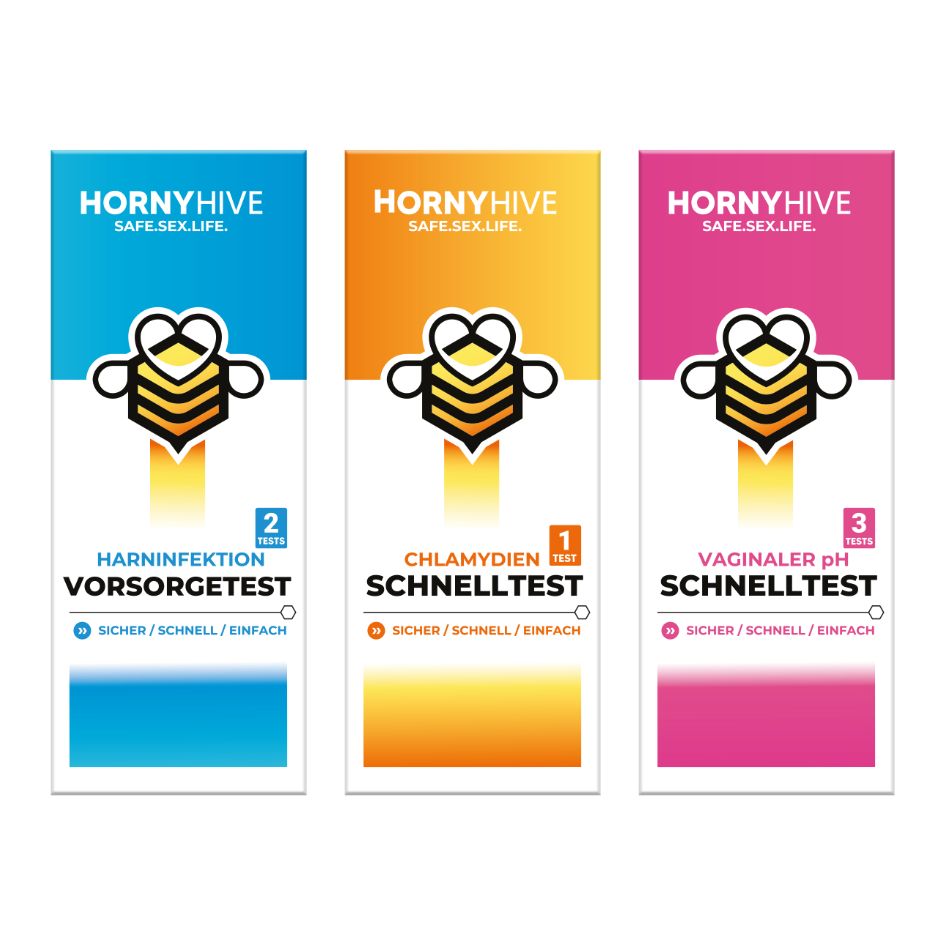 Drei Horny Hive Schnelltest-Bundle Schachteln. Blau, orange und pink. Aufschrift: Harninfektion, Chlamydien, Vaginaler pH. Sicher/Schnell/Einfach.