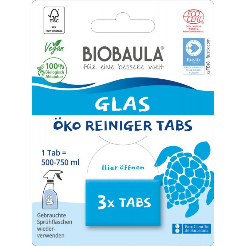 Verpackung mit Glasreiniger-Tabs. Blaue Verpackung mit Logo, Text und 3 Tabs. Öko-Reiniger-Tabs.