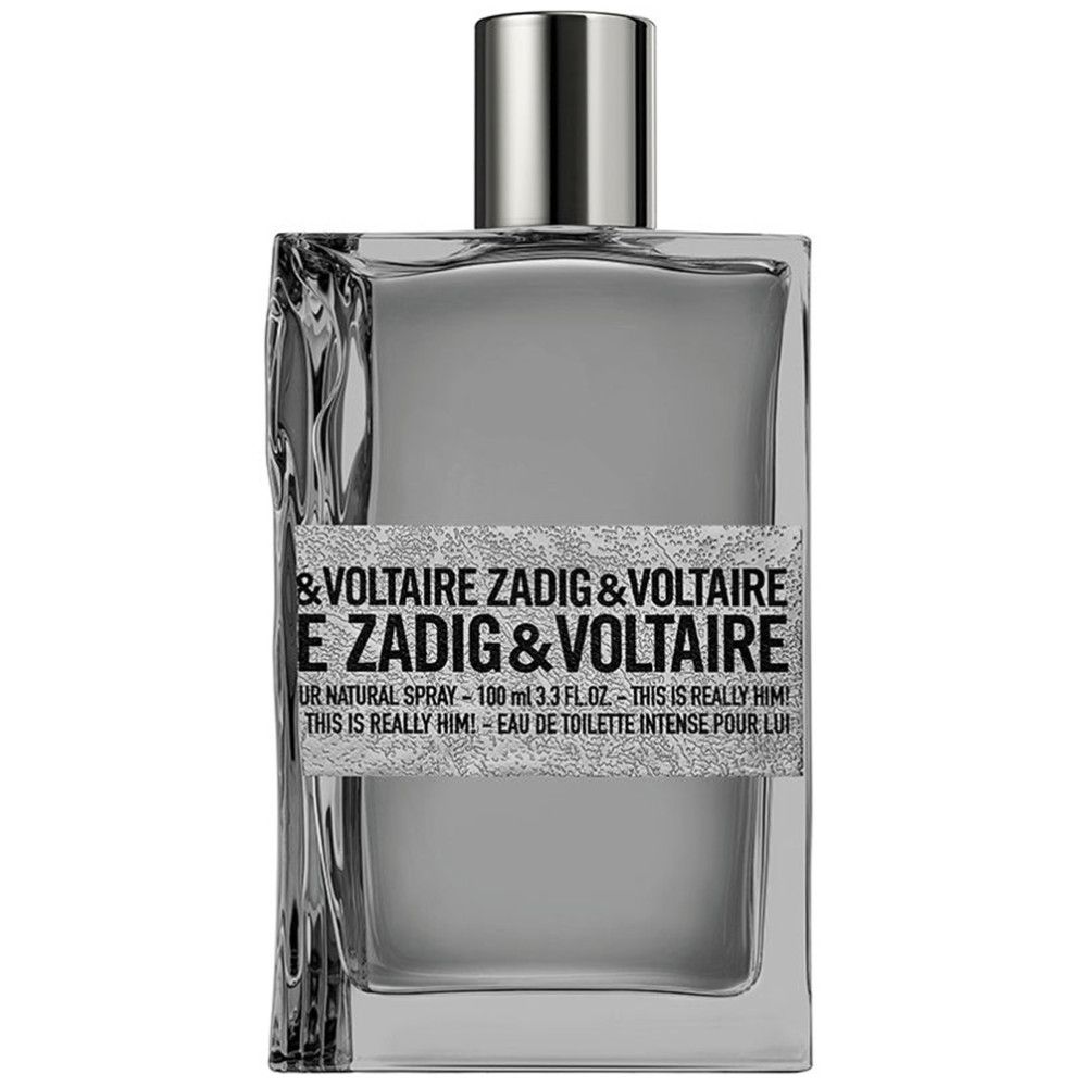 Graue rechteckige Flasche. Aufschrift: ZADIG & VOLTAIRE THIS IS REALLY HIM! Eau de Toilette.