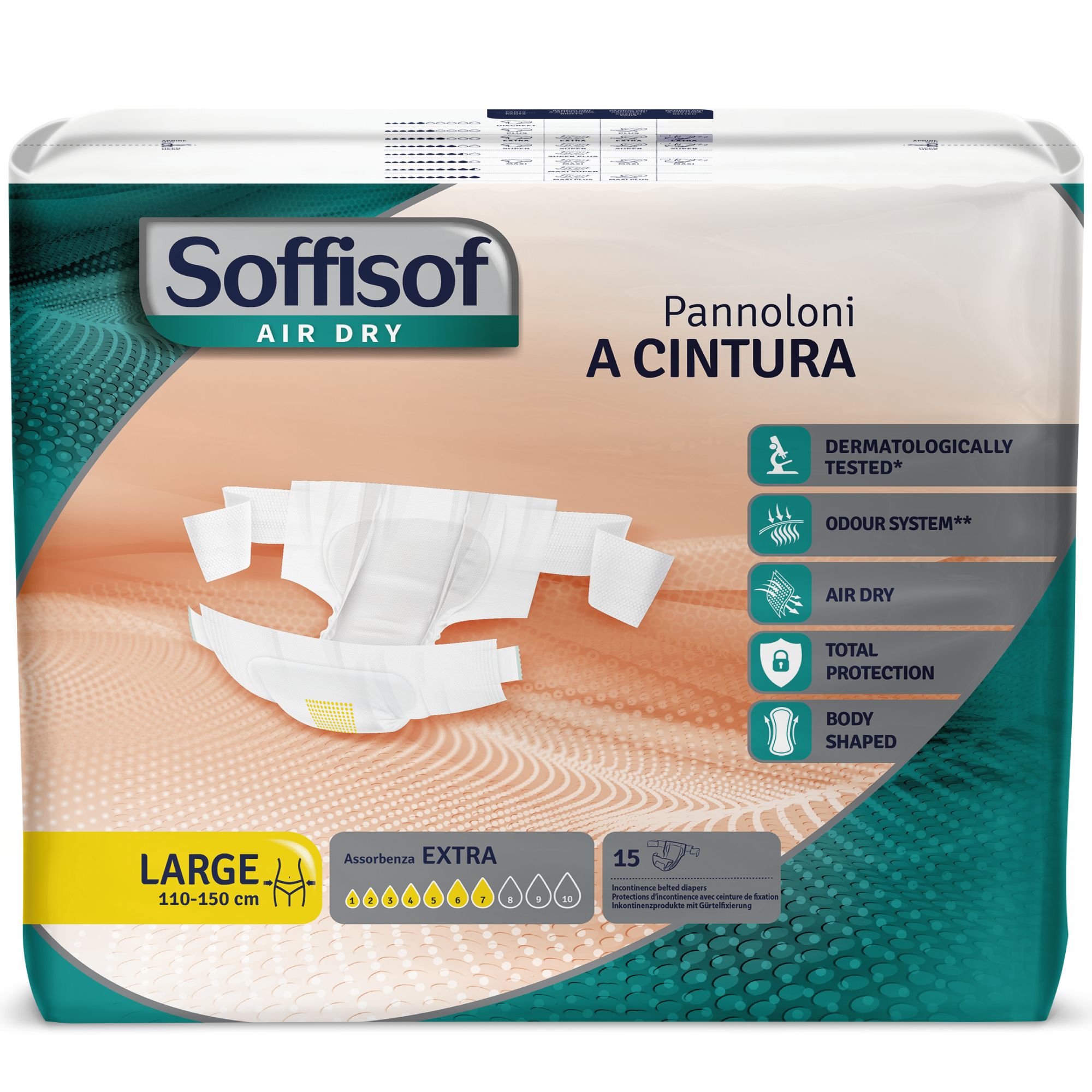 Verpackung mit Soffisof Inkontinenzschutz mit Hüftbund Extra. Größe Large, 110-150 cm. 15 Stück. Mit Produktmerkmalen.