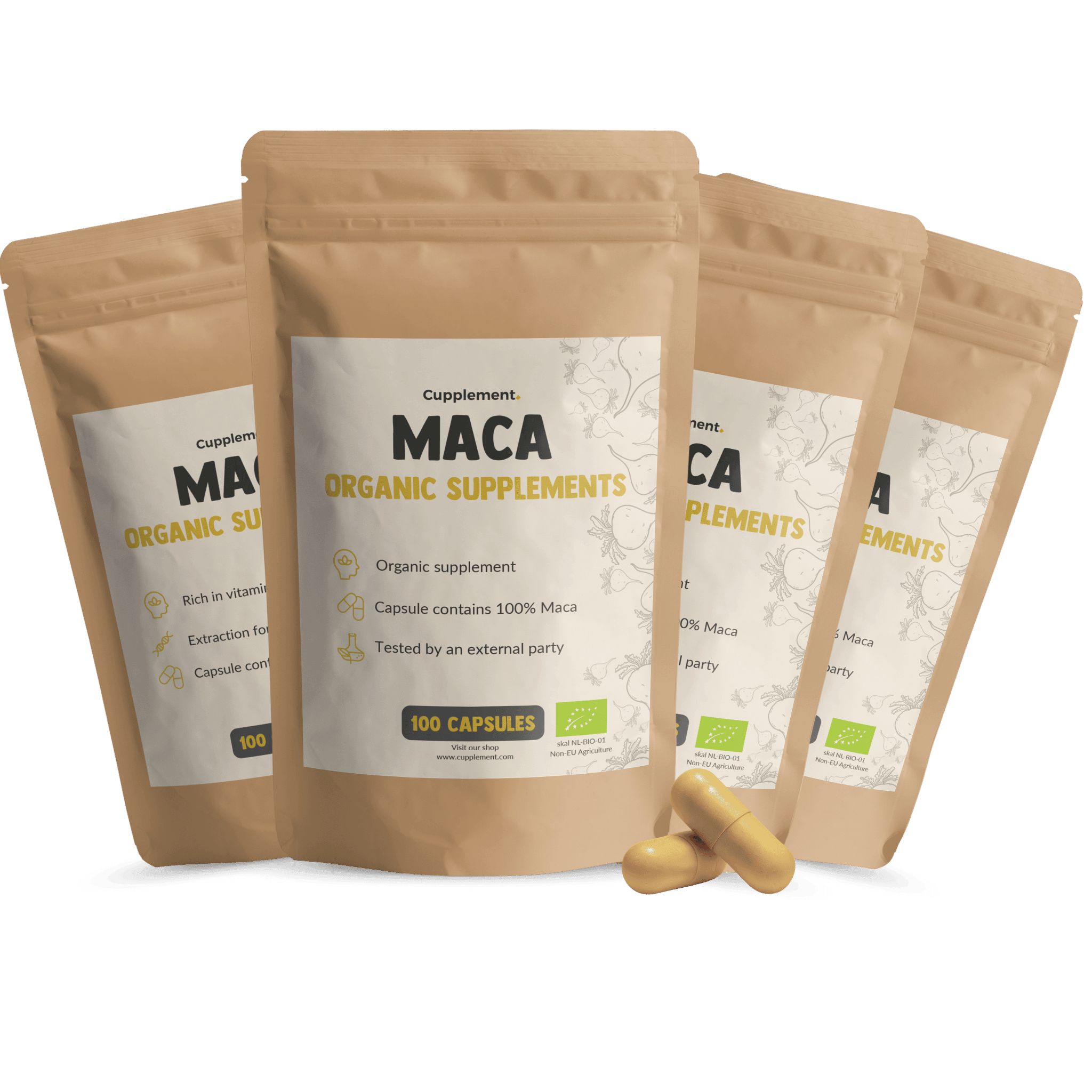 Mehrfachpackung Cupplement® Maca Kapseln. Braune Beutel mit Aufschrift. 100 Kapseln. Zwei Kapseln liegen daneben.