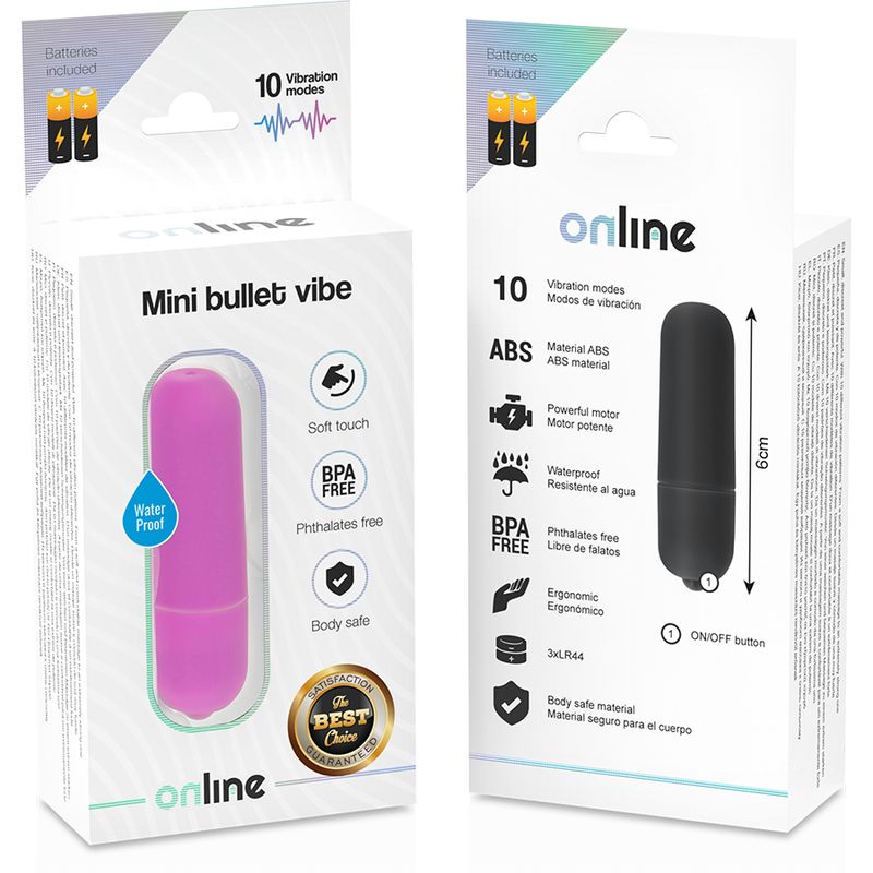 Zwei Verpackungen der Mini-Vibrationskugel. Eine pink, eine schwarz. Beide zeigen Produktabbildung, Batterien, 10 Modi, BPA-frei, wasserdicht.