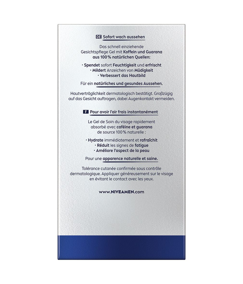 Rückseite der NIVEA MEN Active Energy Gesichtspflege Gel-Verpackung. Text in Deutsch und Französisch.