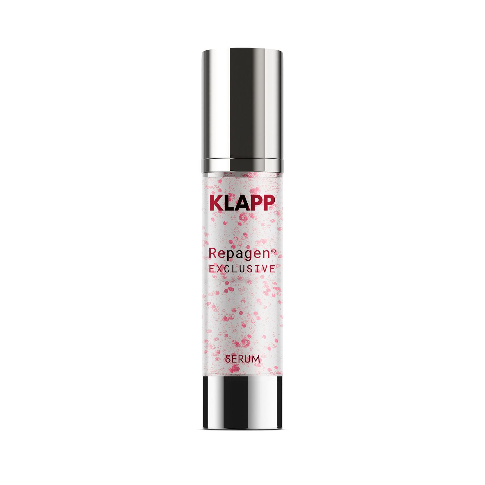 Zylindrische Flasche mit silbernem Deckel und Boden. Text: Klapp, Repagen Exclusive Serum. 50 ml 1.7 FL.OZ.U.S.