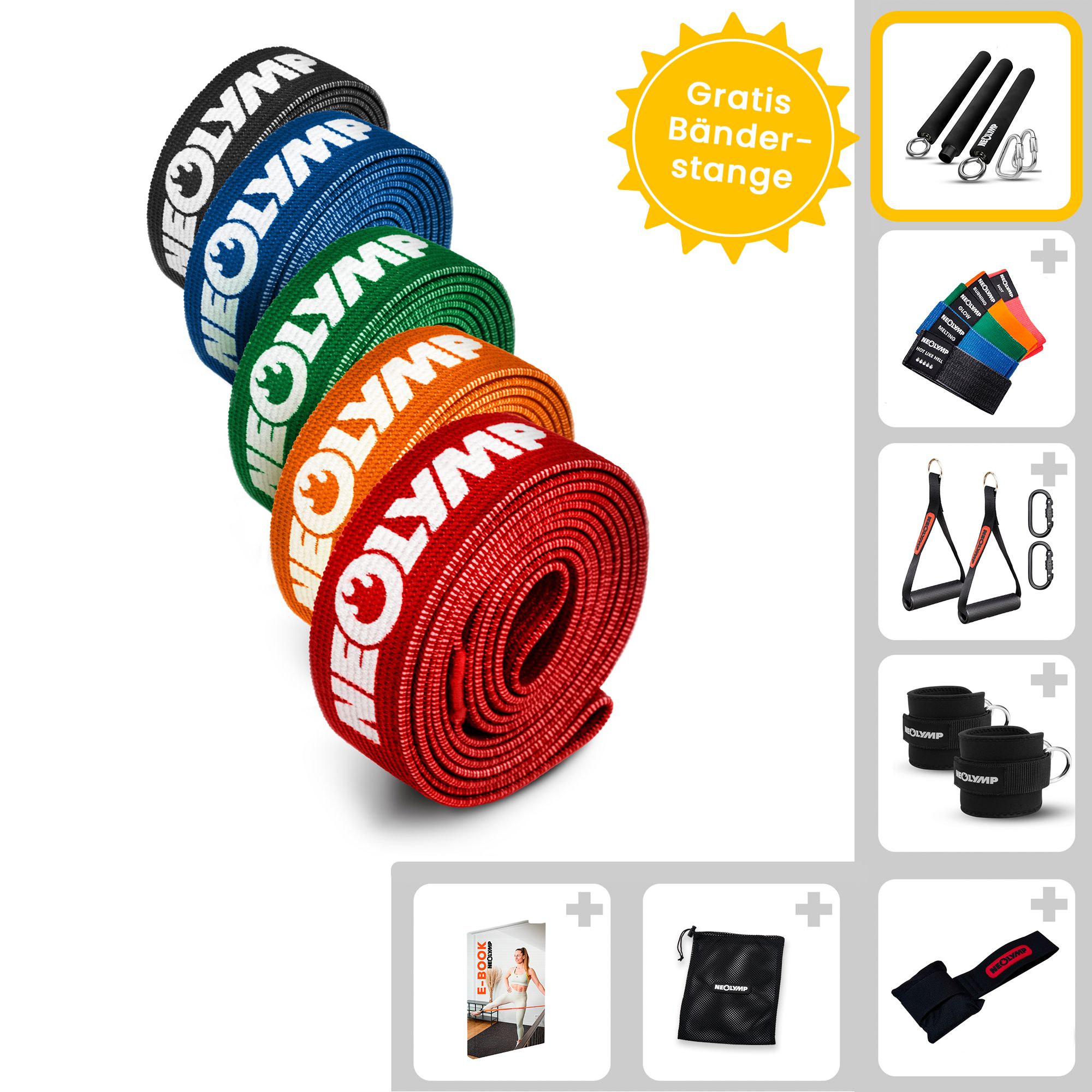 Fitnessbänder in verschiedenen Farben. Zubehör: Bänderstange, Griffe, Fußschlaufen, Türanker, Tragetasche, E-Book. Gratis Bänderstange.