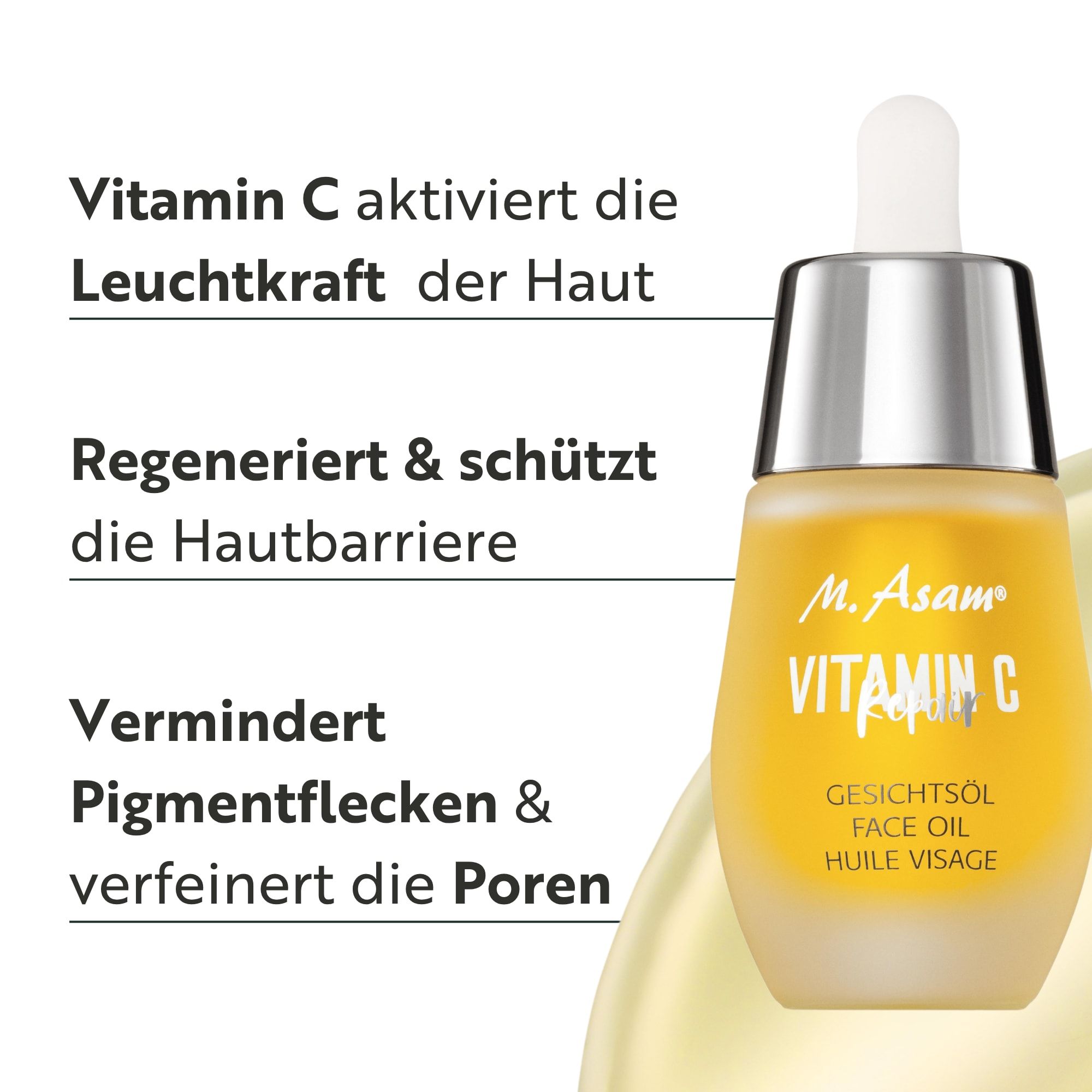 M. Asam Vitamin C Gesichtöl in Glasflasche mit Pipette. Gelbe Flüssigkeit.