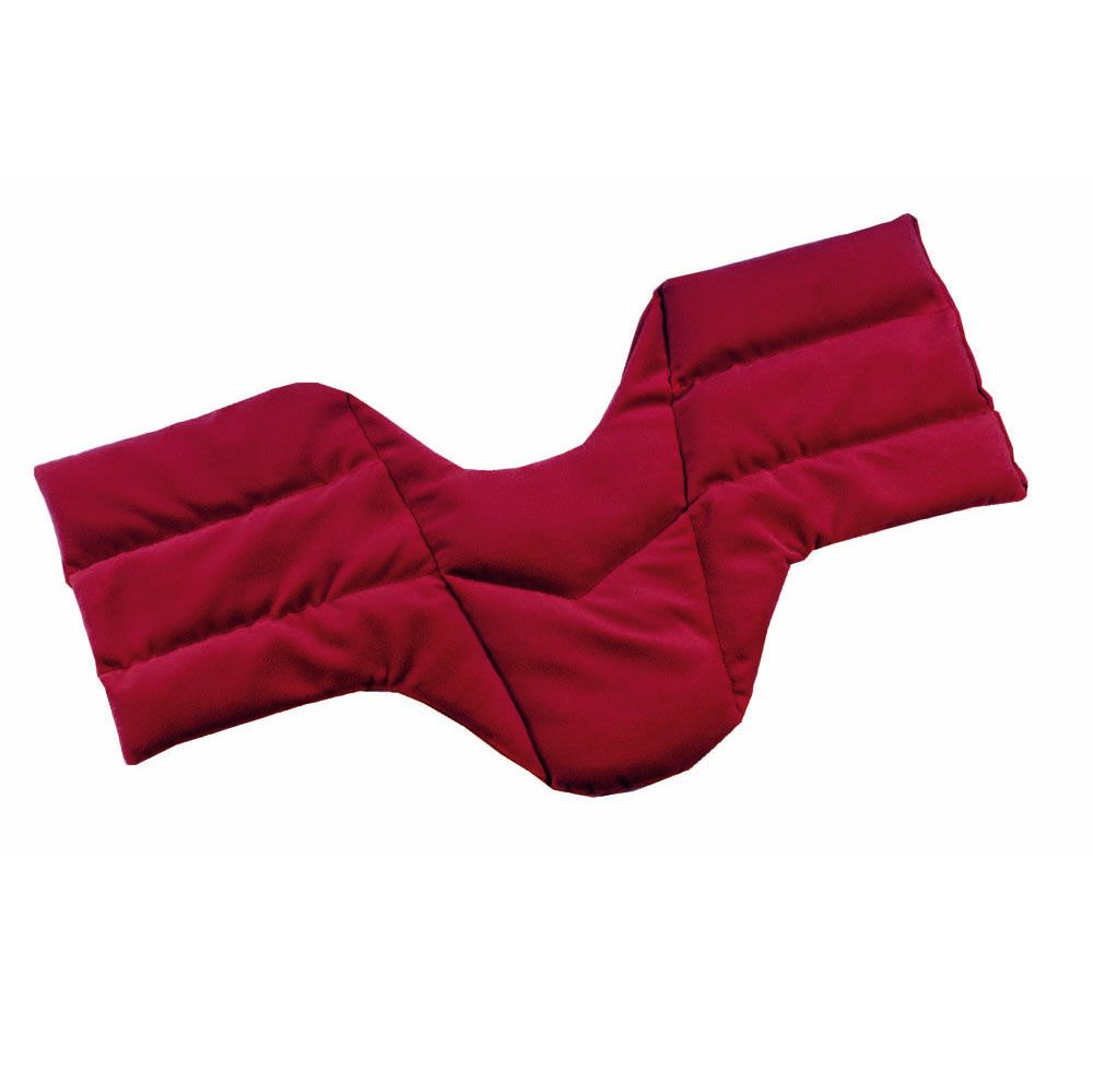 Rotes, gepolstertes Nackenkissen mit wellenförmigem Design. Mehrere rechteckige Kammern, die durch Nähte geteilt sind.