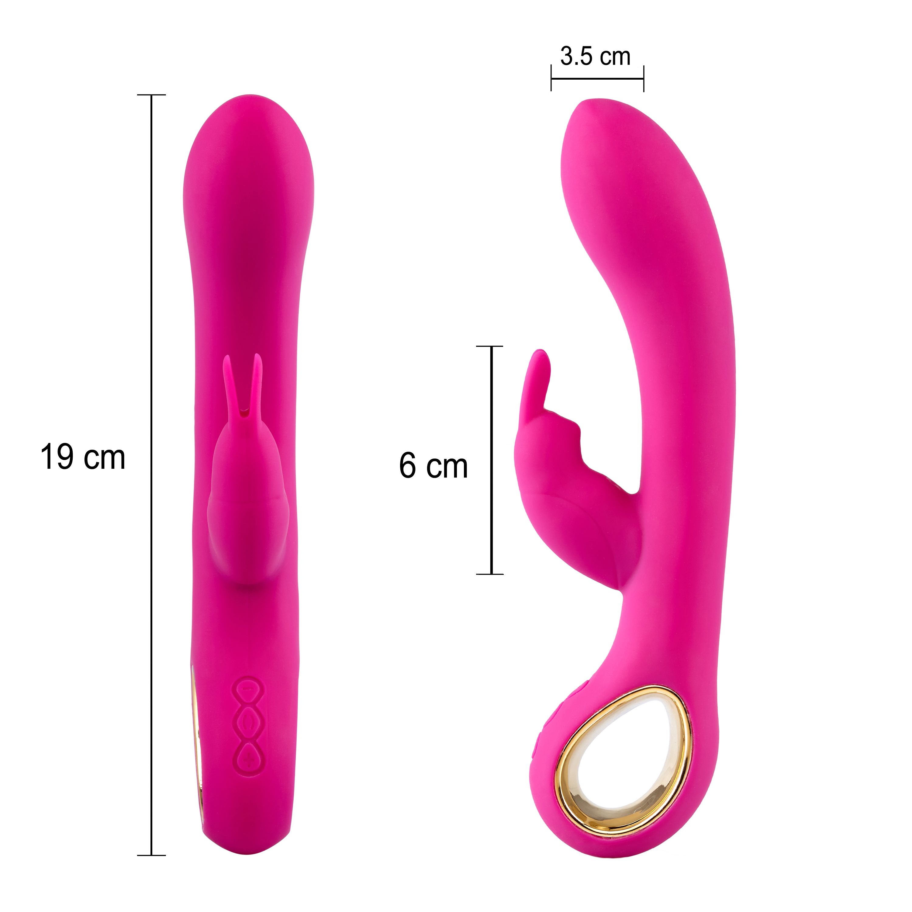 Rosa Vibrator mit Hasenohren. Maße: 19 cm lang, 6 cm breit, 3,5 cm dick. Goldfarbene Akzente.