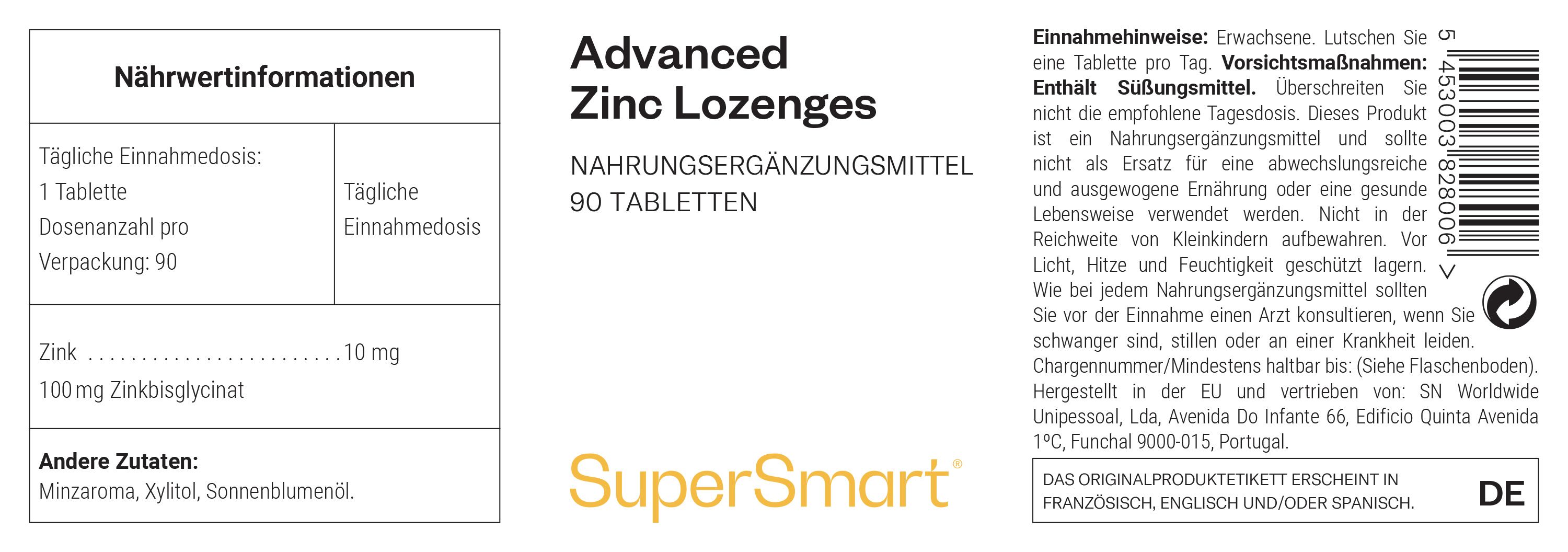 Zink-Lutschtabletten-Packung mit 90 Tabletten. Enthält Nährwertinformationen, Zutaten und Anweisungen. Marke: SuperSmart.