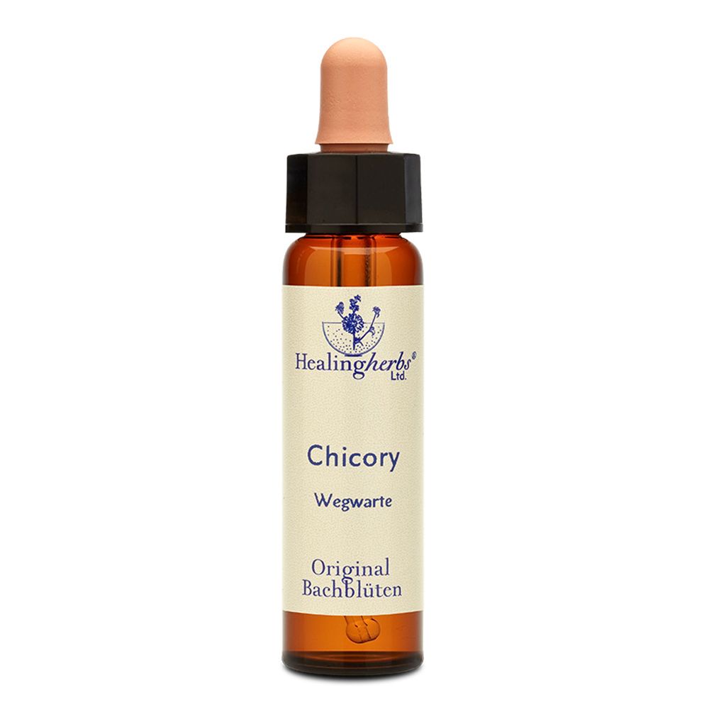 Braune Glasflasche mit Tropfer. Aufschrift: Healing Herbs, Chicory, Wegwarte, Original Bachblüten.