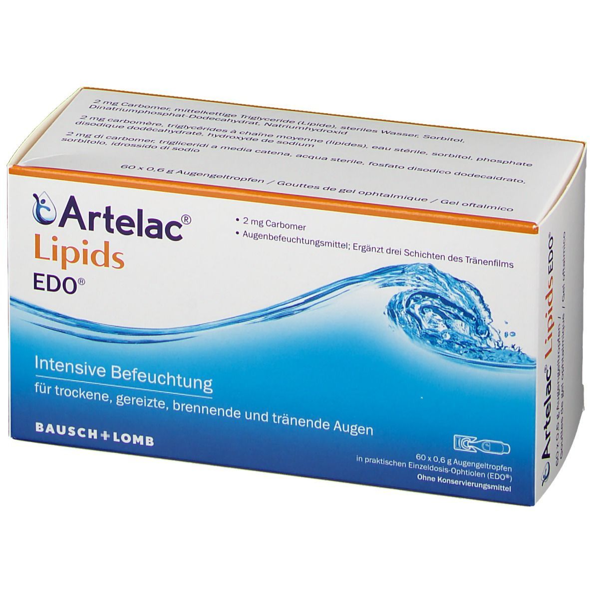 Artelac Lipids EDO® Augengel-Verpackung. Weißer Karton mit blauer Welle und Produktnamen. Orangefarbener Akzent.