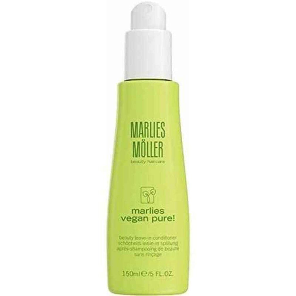 Grüne Flasche mit weißem Pumpkopf. Aufschrift: Marlies Möller, vegan pure!. Text: Beauty Leave-in Conditioner. 150ml/5 FL.OZ.