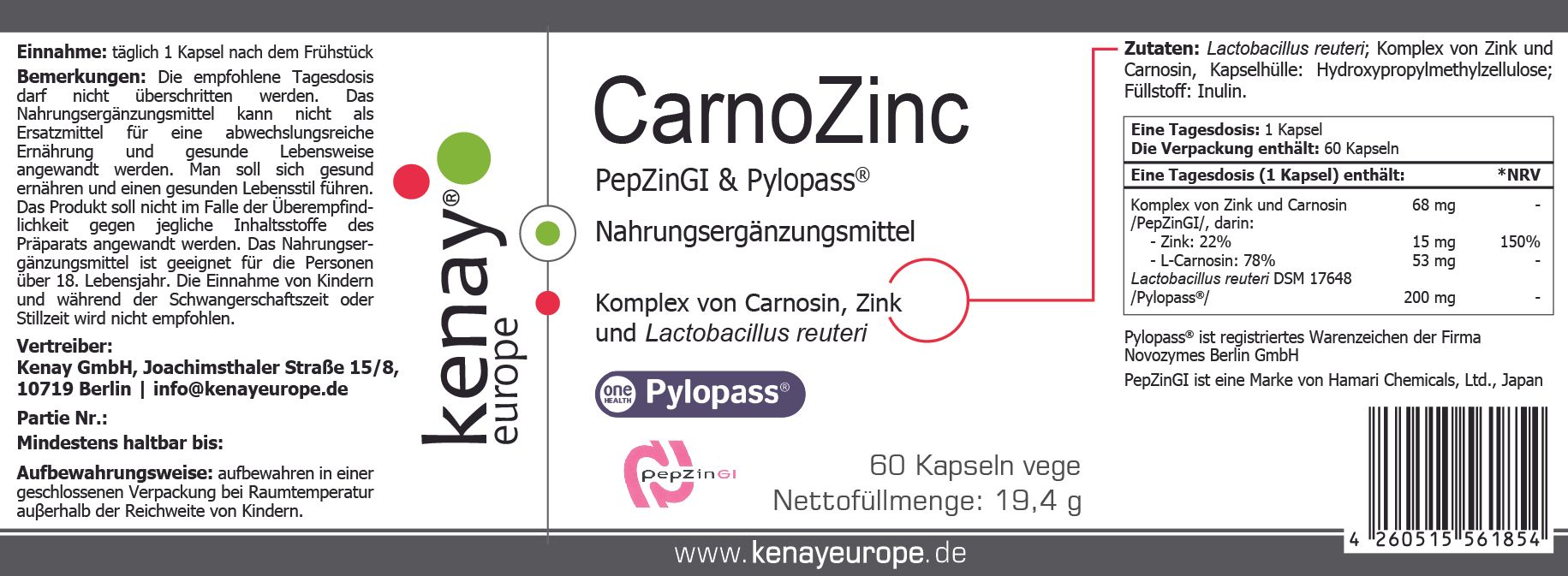 Etikett mit Produktinformationen. Enthält CarnoZinc PepZinGI & Pylopass, Nahrungsergänzungsmittel. Enthält 60 Kapseln. Kenay Europe Logo.
