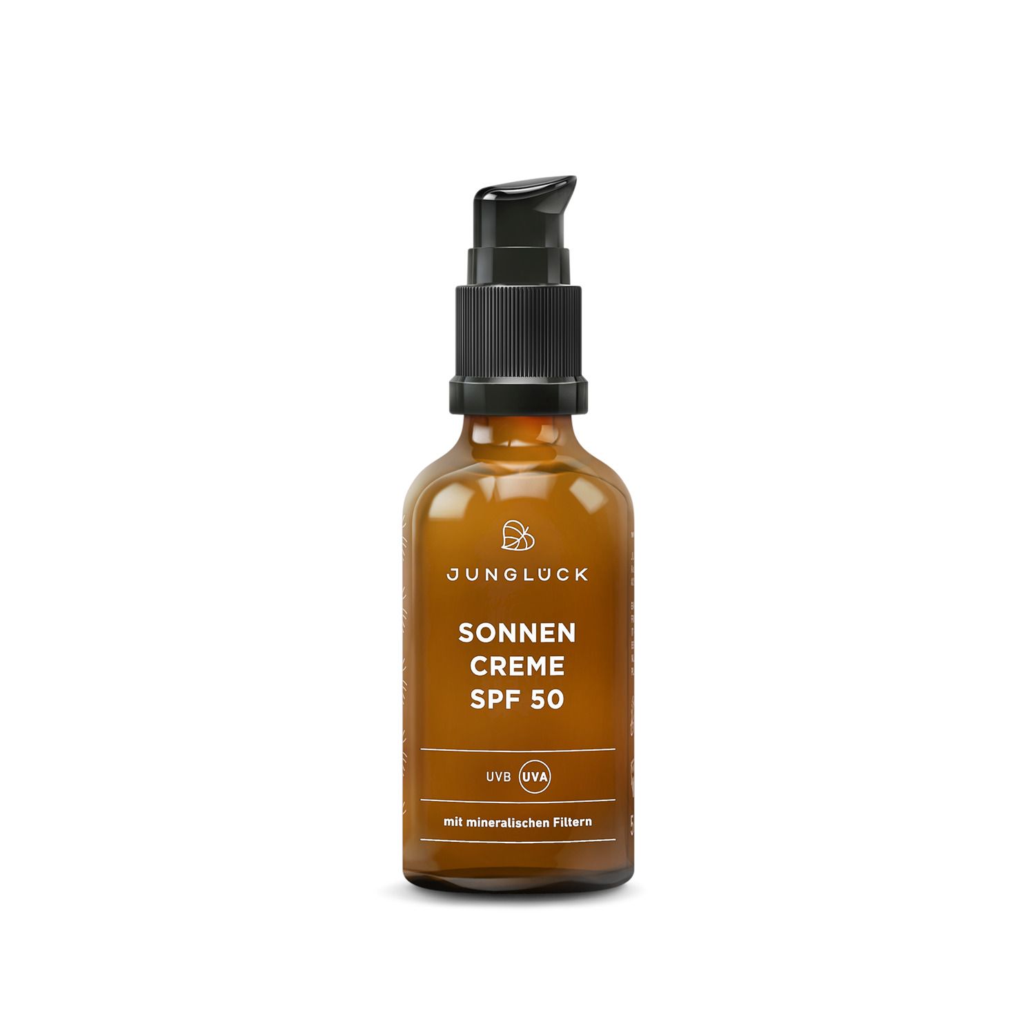 Braune Glasflasche mit schwarzem Pumpkopf. Beschriftung: JUNGLÜCK SONNEN CREME SPF 50. Mit mineralischen Filtern. UVB/UVA-Logo.