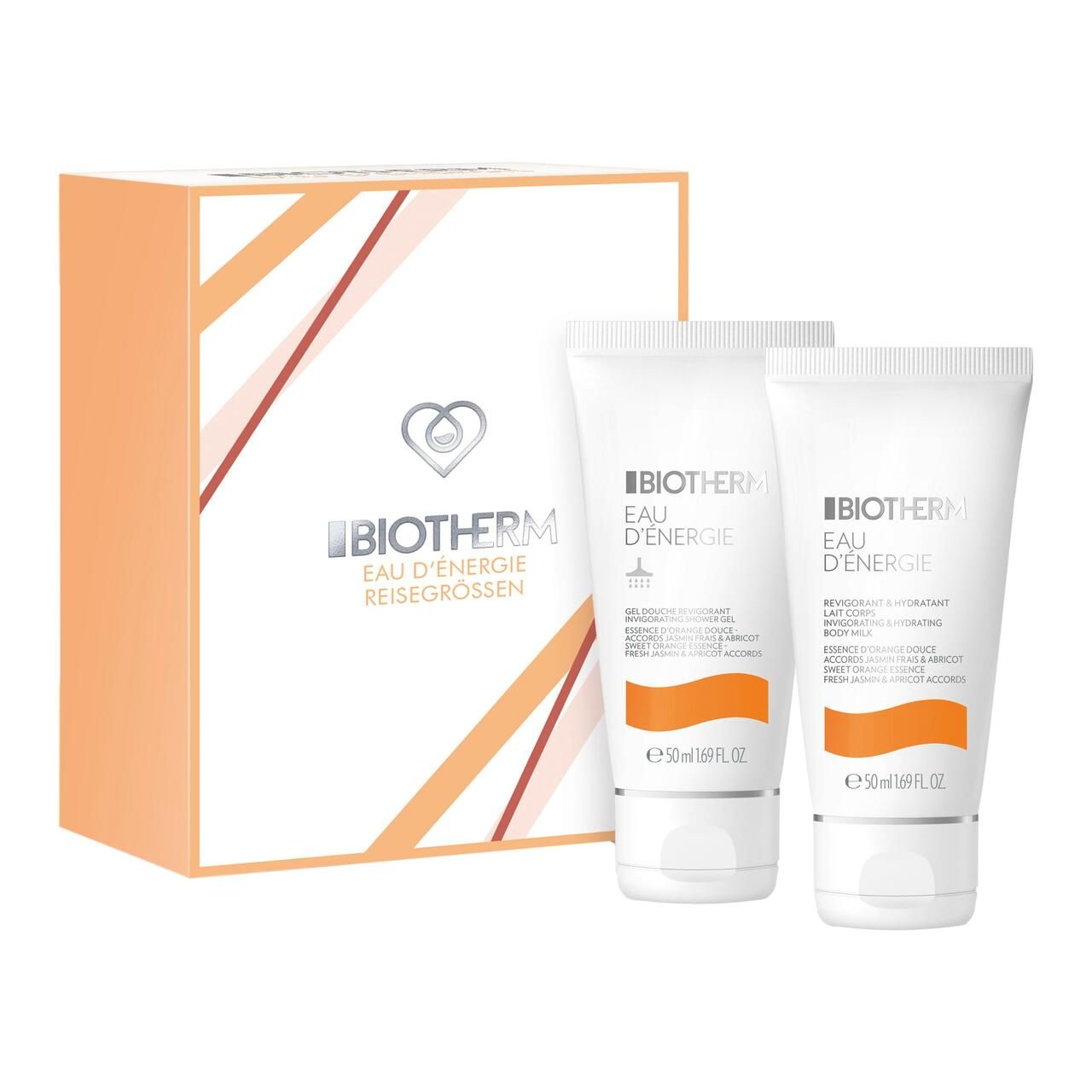 Set mit zwei Tuben und einer Verpackung. Auf der Verpackung steht Biotherm Eau d'Énergie Reisegrößen.