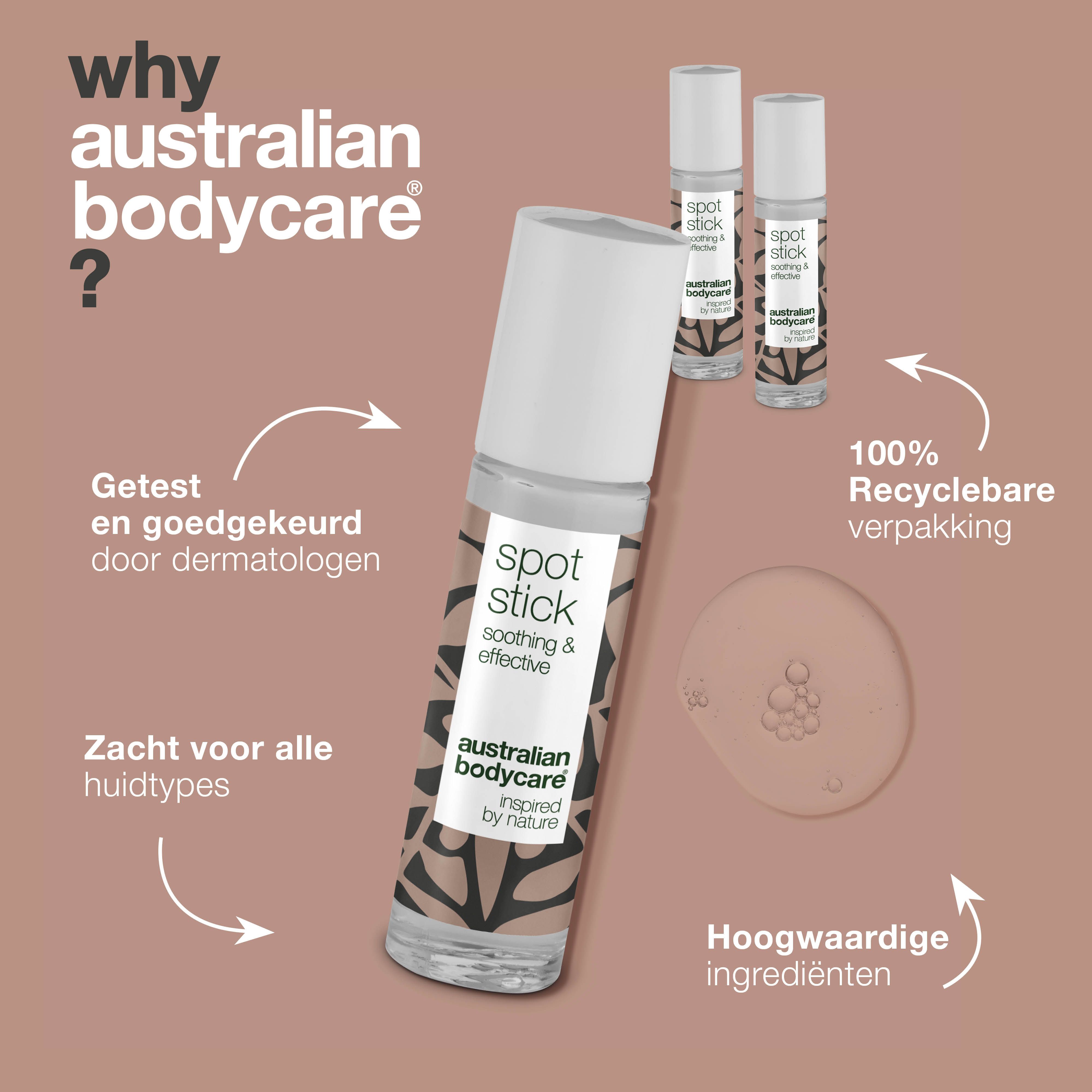 Een Spot Stick-fles en twee andere. Opschrift: Spot Stick, Australian Bodycare. Tekst: 100% recyclebaar.