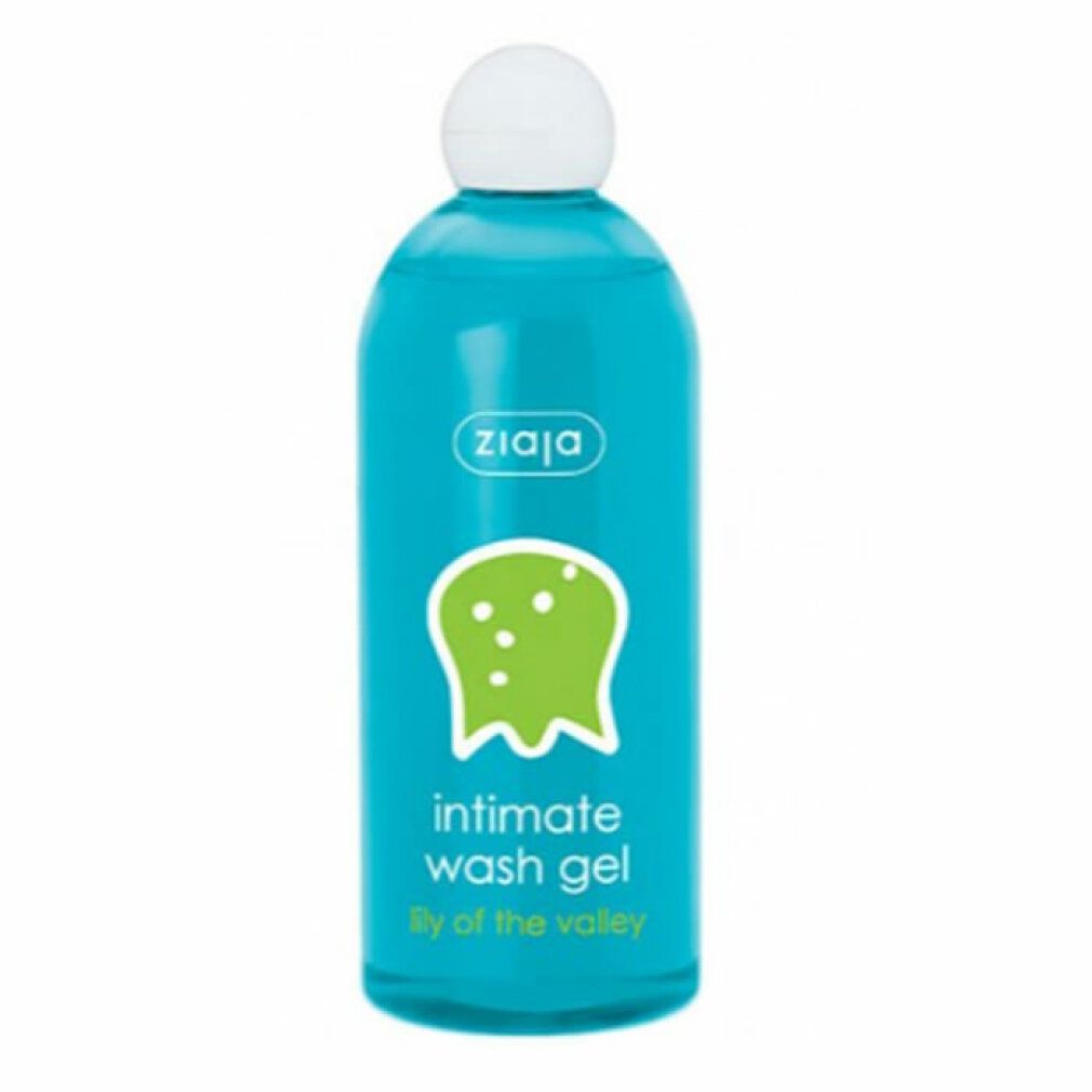 Türkisblaue Flasche mit weißem Deckel. Aufschrift: ziaja, Intimate Wash Gel, Lily of the valley. Grünes Logo.