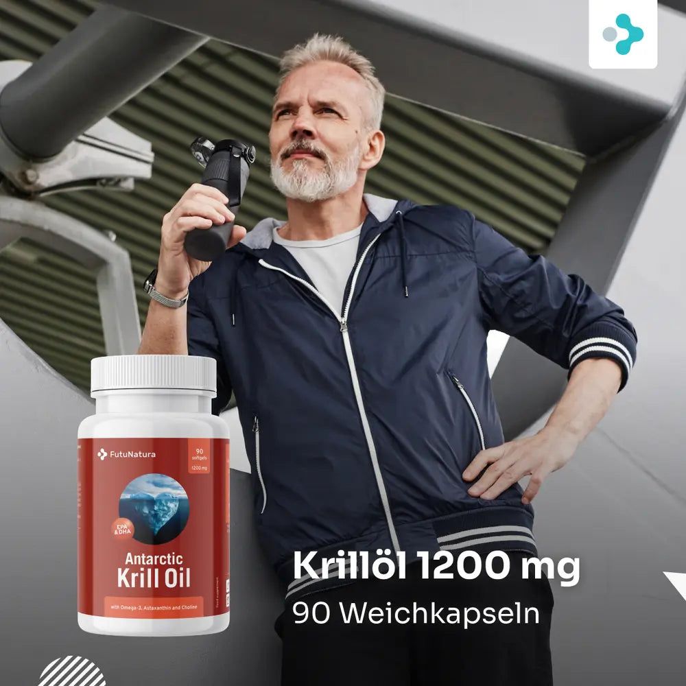 Mann mit Flasche. Aufschrift: Antarctic Krill Oil, 90 Weichkapseln, 1200 mg. Mann hält Kamera.