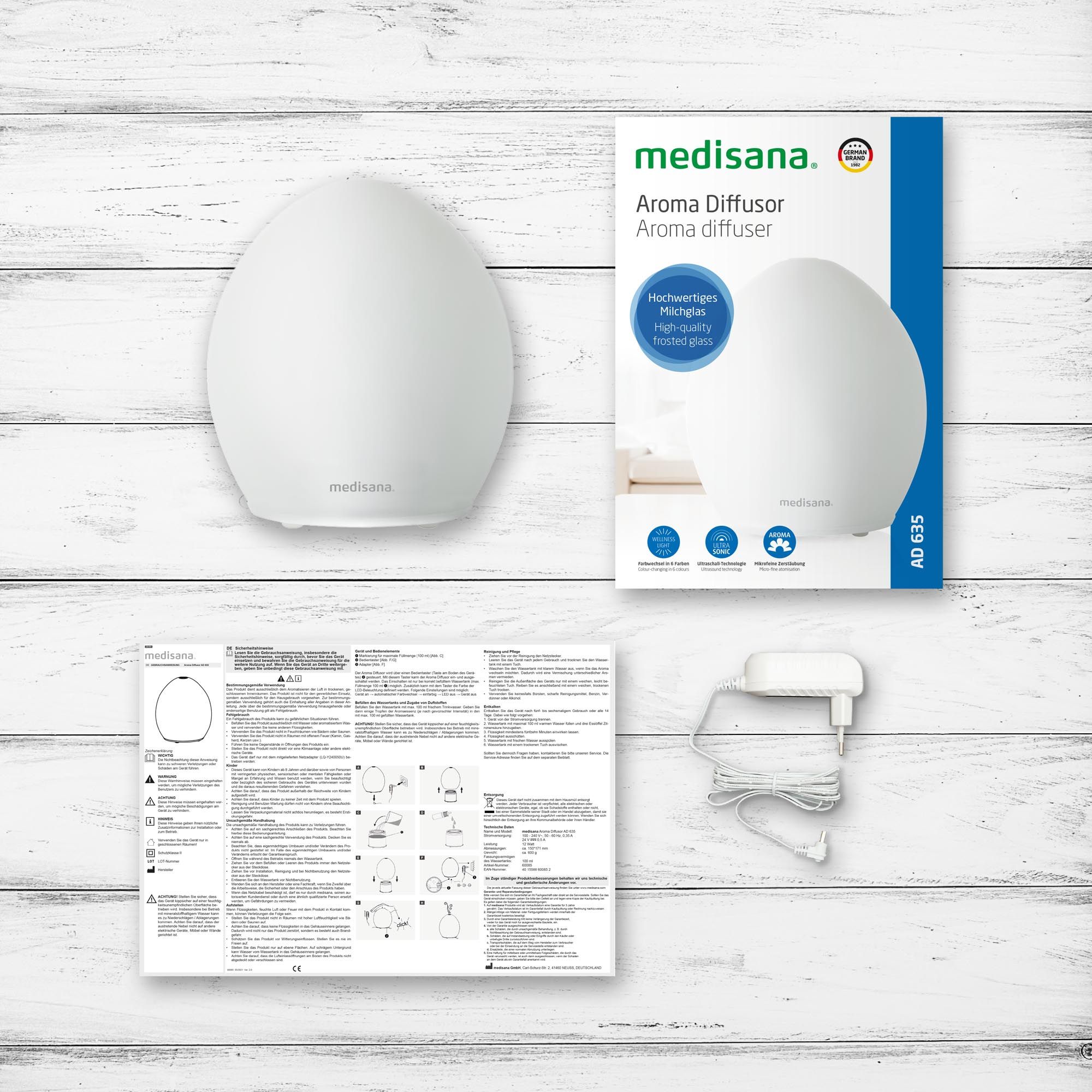 medisana Aromadiffuser, Verpackung, Anleitung und Netzteil.
