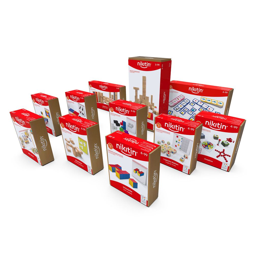 Mehrere Kartons mit roter Aufschrift und dem Logo. Aufschrift: Nikitin. Verschiedene Lernspiele-Sets.