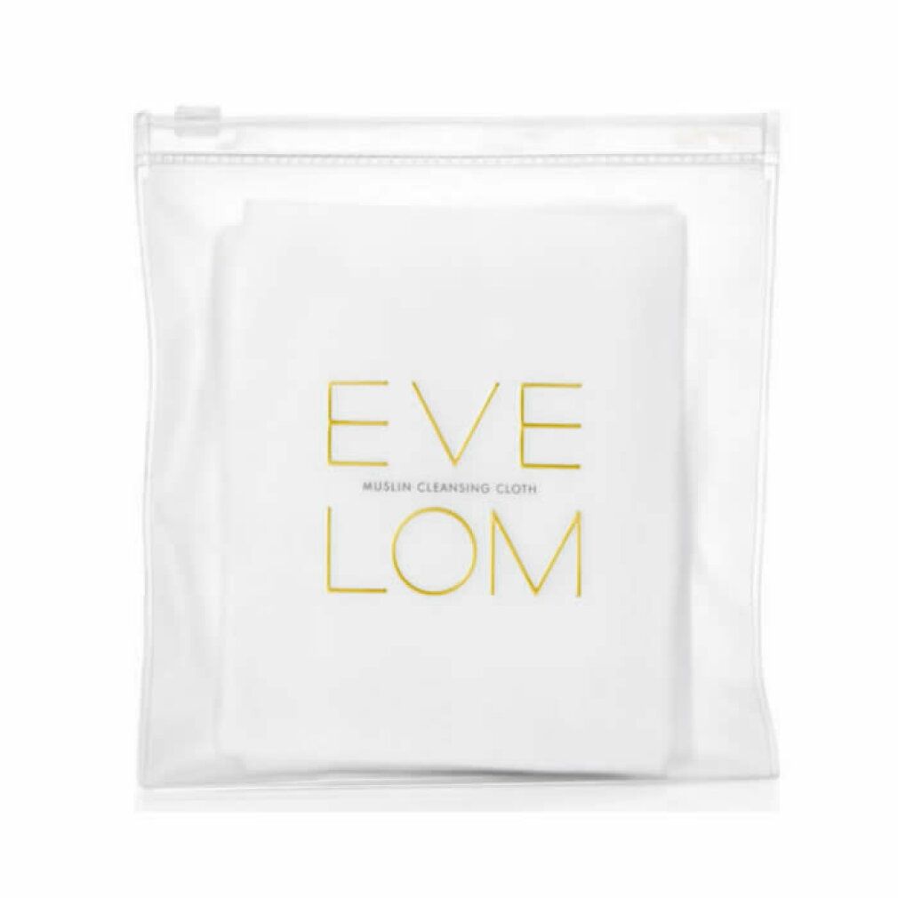 Weißes Muslintuch mit goldfarbenem Schriftzug "EVE LOM" in transparenter Reißverschlusstasche.