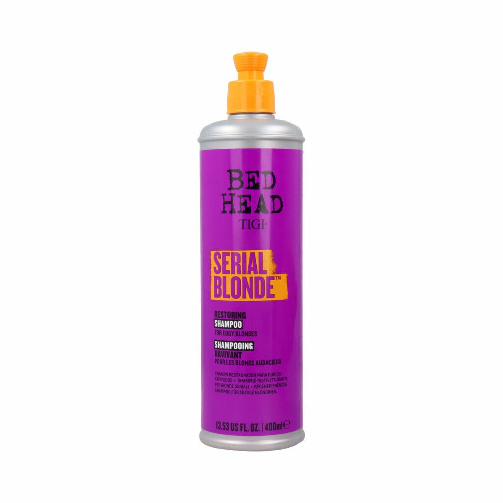 TIGI Bed Head Serial Blonde Flasche mit Pumpspender. Lila Flasche mit silbernem Hals und orangefarbenem Pumpaufsatz.