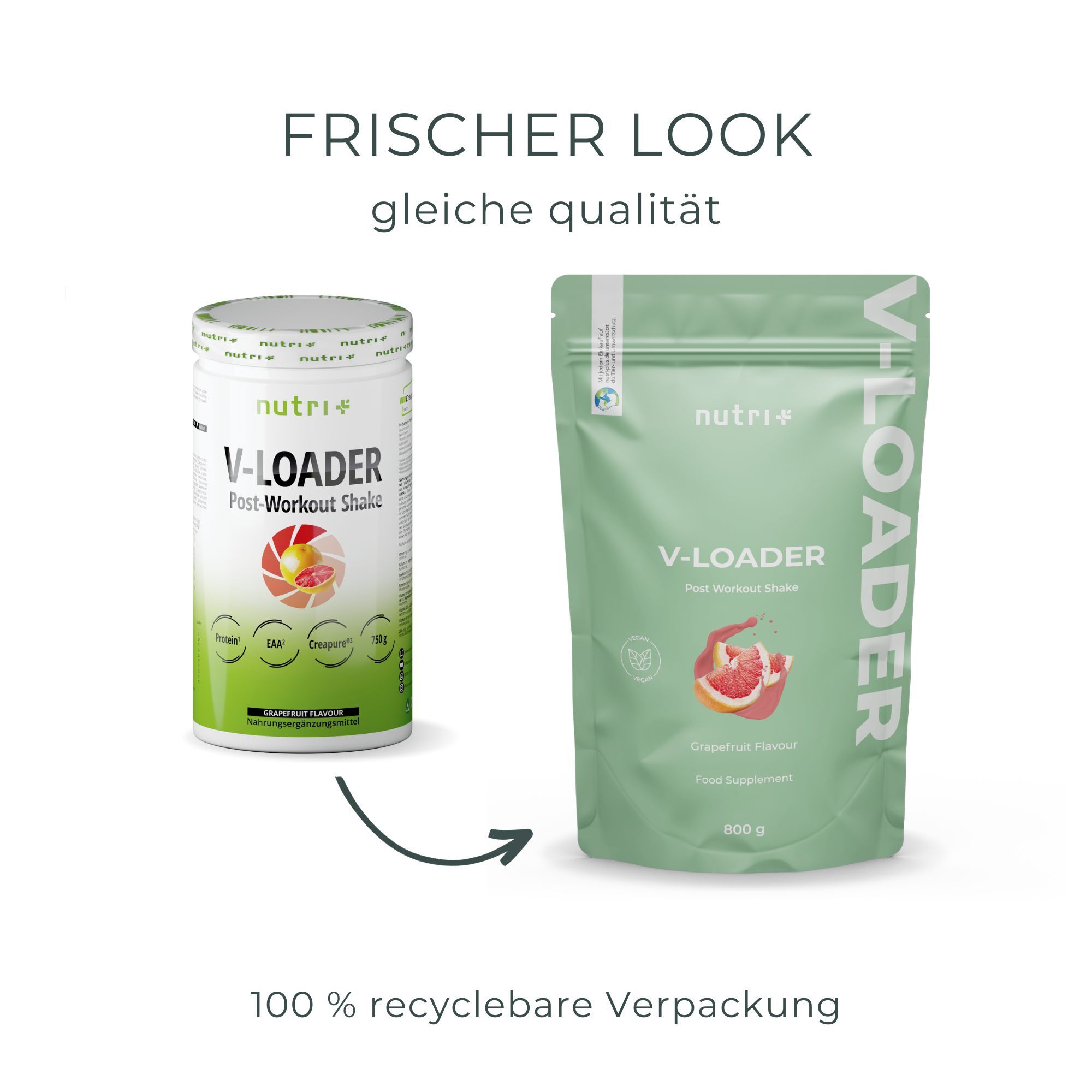 Grüner Beutel und Dose. Aufschrift: V-Loader, Post Workout Shake. Pfeil zeigt auf den Beutel. 100% recyclebare Verpackung.