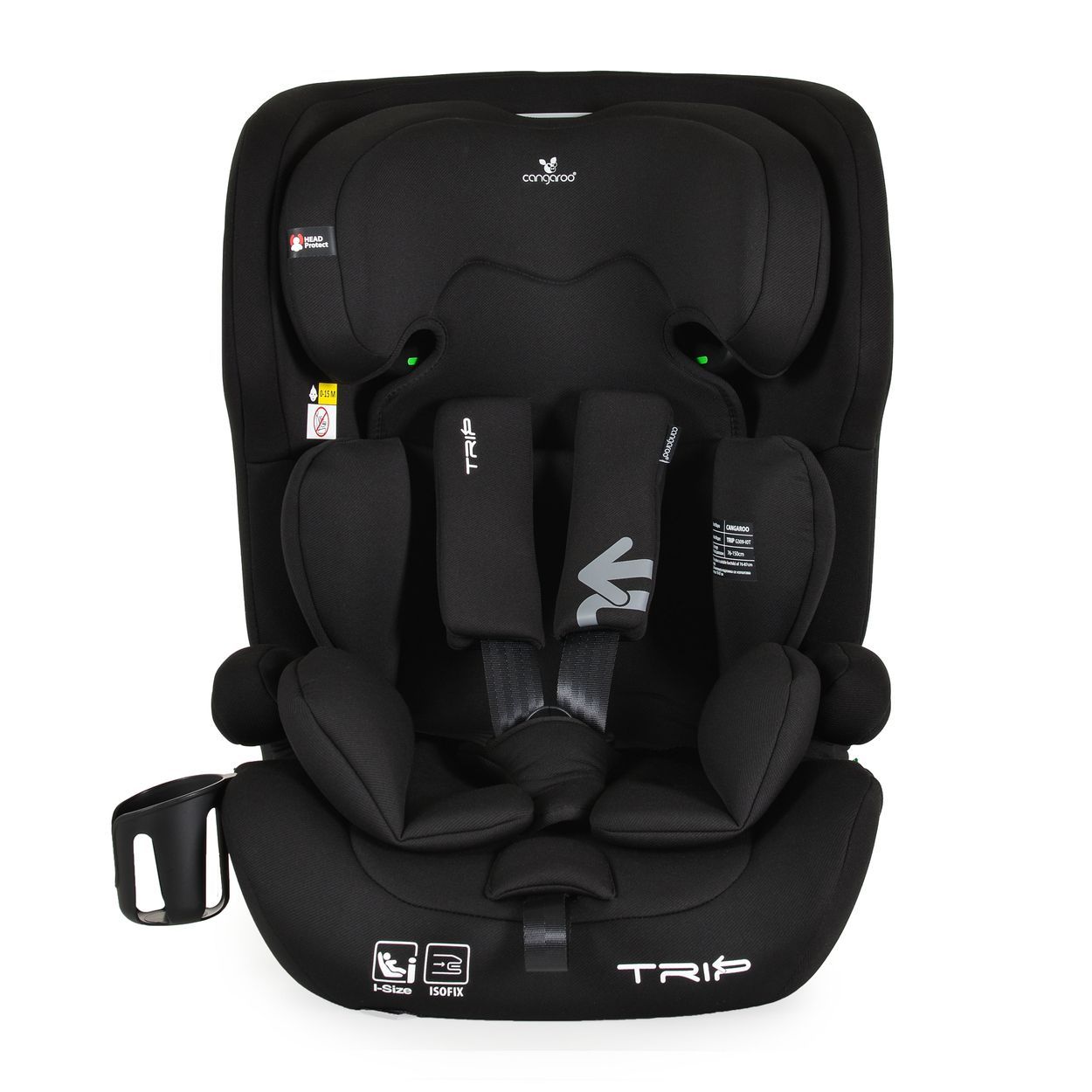 Grauer Kindersitz mit verstellbarer Kopfstütze und Seitenaufprallschutz.